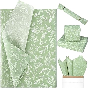 Bolsome 100 Sheets Sage Green Wildflowers Tissue Paper for Green Boho Themed Baby Shower Wedding Birthday DIY Craft