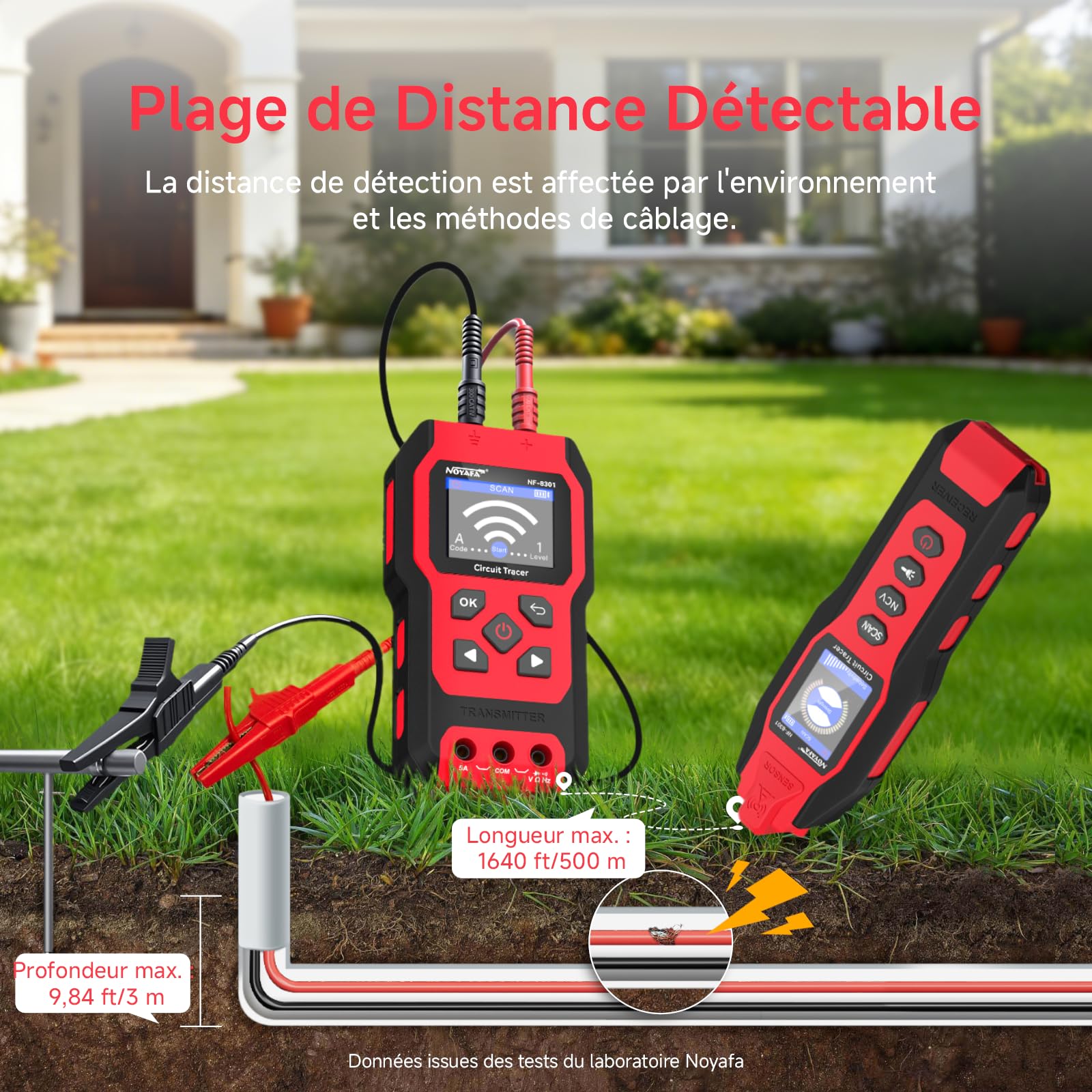 NOYAFA NF-8301 Détecteur de Circuit - Traceur de Câbles, Localisateur de Disjoncteur avec Multimètre Numérique, Sensibilité 8 Niveaux, Rechargeable, pour Fils Muraux et Souterrains