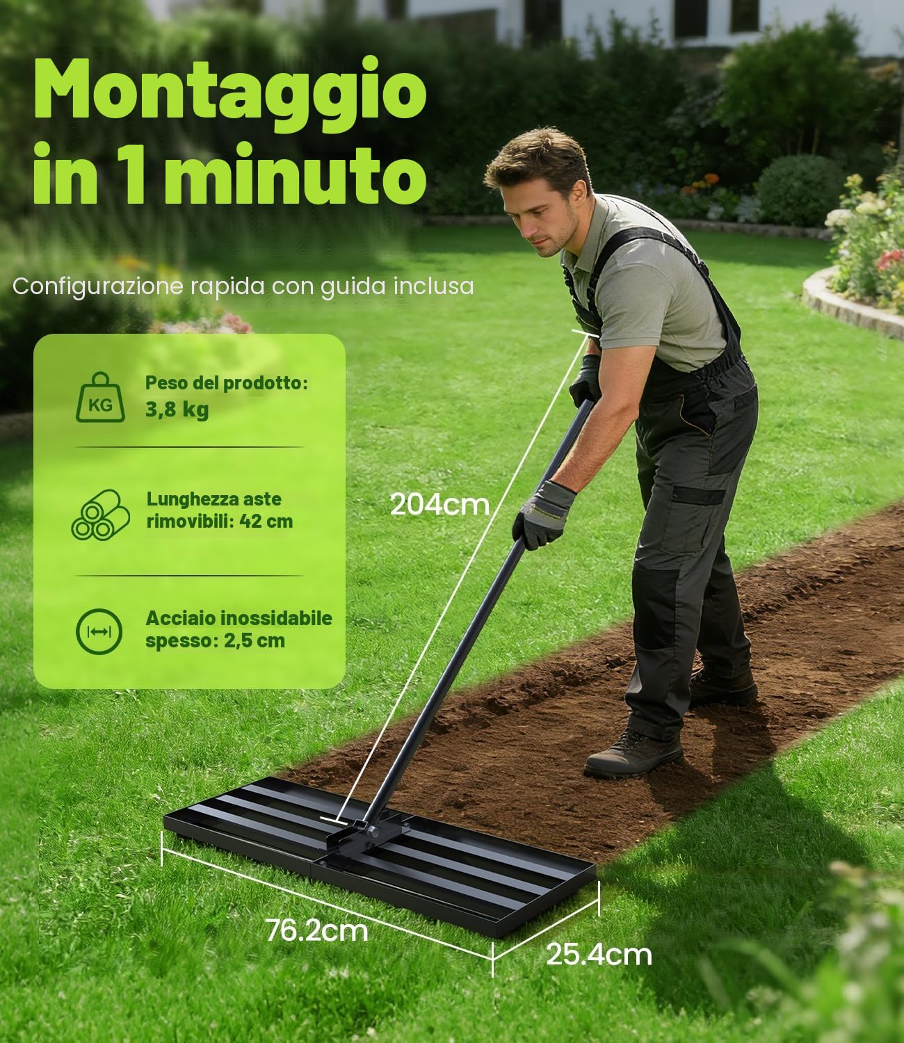 Leveling Rake Rastrello Livellatore per Prato 204 x 76 x 25cm Rastrello Livellatore Prato 2 in 1 Rastrello Pesante per Diffusione Terriccio e Sabbia Finitura Antiruggine per Giardino