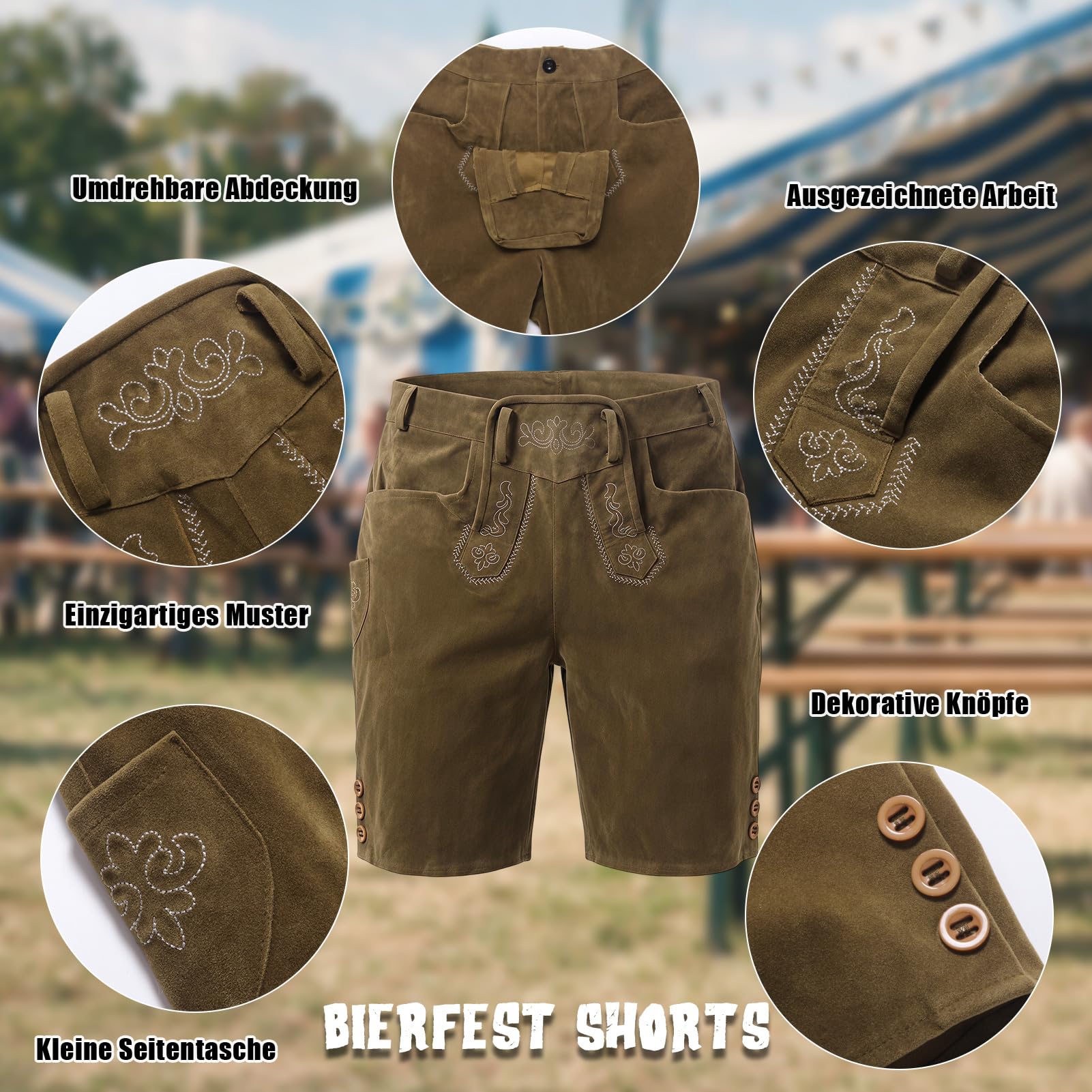 Lederhose Herren Kurz mit Trachtengürtel, Oktoberfest Outfit Trachtenlederhosen für Herren