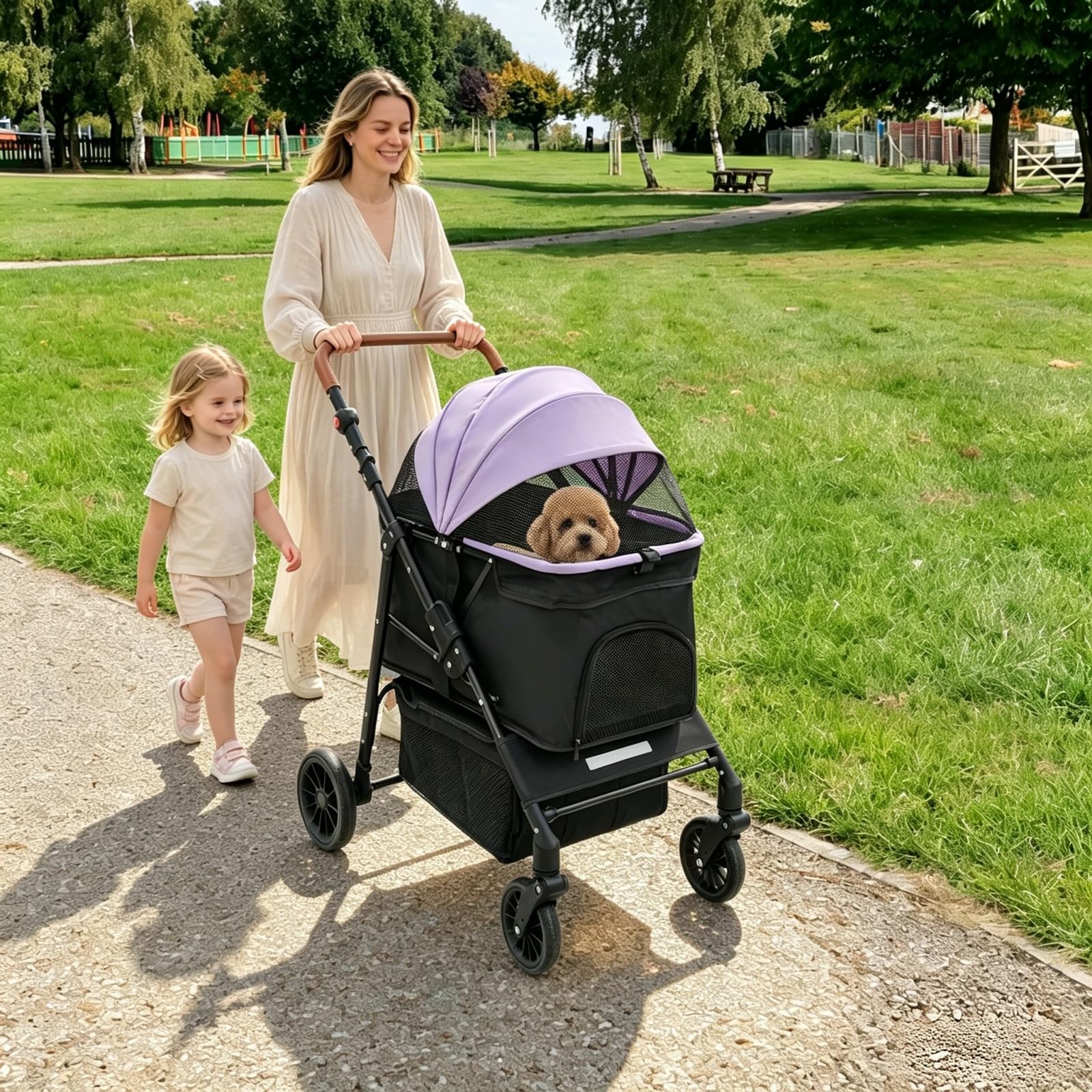 Carrello per cani 2 in 1, pieghevole con due scomparti separati, passeggino per animali domestici fino a 15 kg, con manico regolabile, per cani di piccola taglia e gatti (nero + viola)
