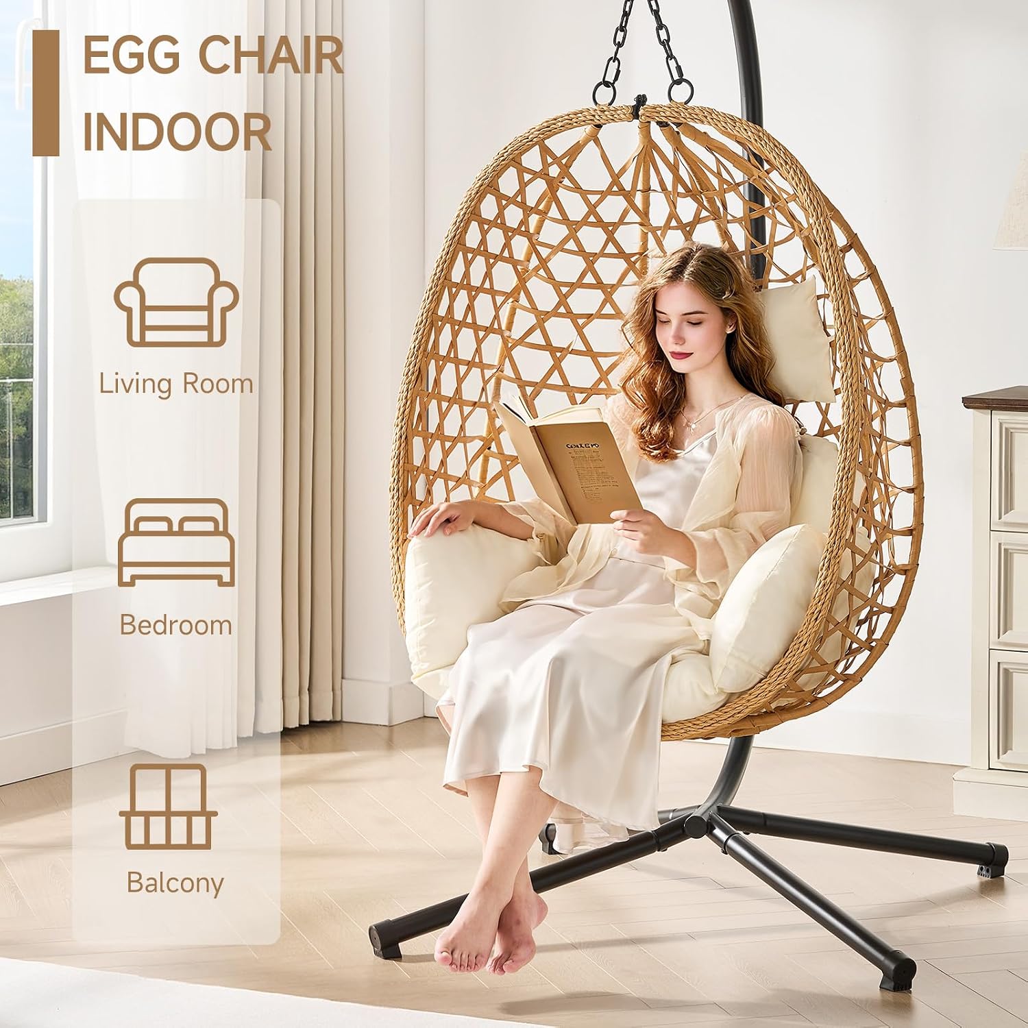 ONBRILL Egg Chair with Stand, Wicker Rattan Swing Hammock Chair with Fine Lace & Cushion, Hanging Chair with Double Chains, 350LBS Capacity for Outdoor & Indoor Patio, Porch, Bedroom, Balcony (Beige)