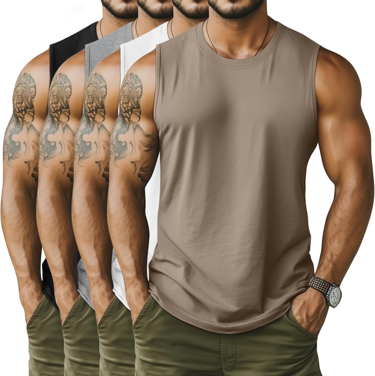 Neer 4 Pack Men's Big & Tall Tank Tops, Sleeveless Cotton Crew Neck T Shirts Casual Classic Shirts Muscle Quick Dry Tees