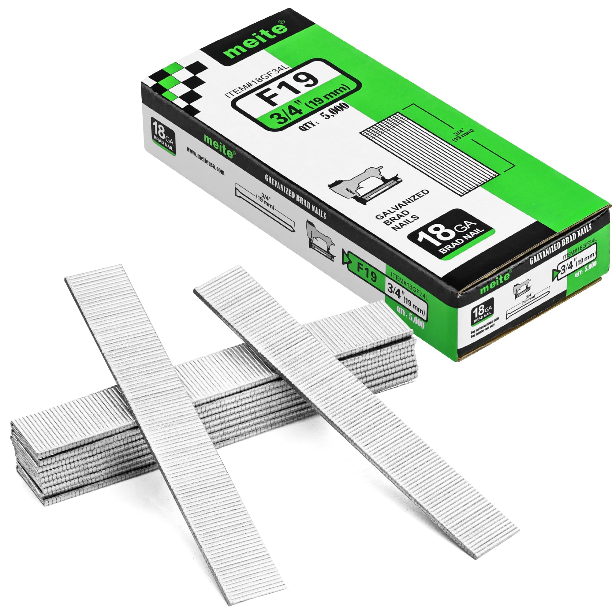meite F19 Stauchkopfnägel 18GA/19 mm, Verzinkte Tackernägel 19mm 18GA Nägel für Druckluftnagler und Elektrischer (5,000 Stück)