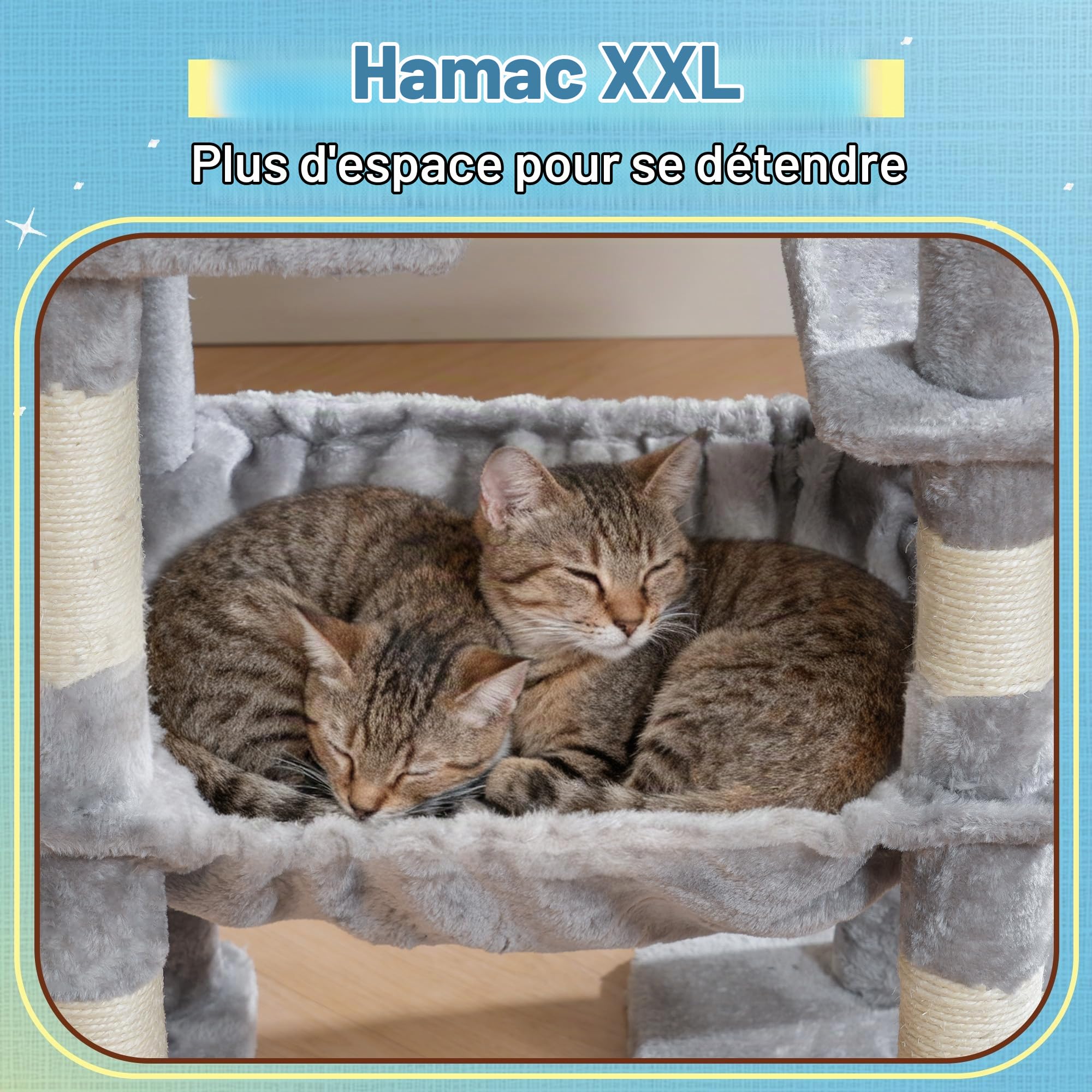Hey-brother Arbre à Chat, Tour de Jeu pour Chats en escaliers, adapté aux Grands Chats, avec 3 nichoirs, Grand hamac, Plateforme supérieure et griffoir en sisal, Gris Clair MPJ081W