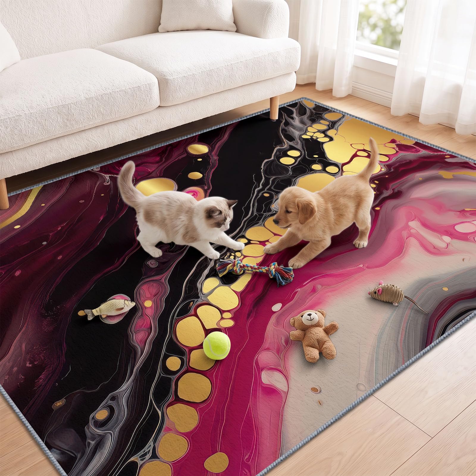 Générique Marbre Bordeaux Or Tapis Salon 140x201 cm, Lavable en Machine | Interieur Poil Ra Antidérapant Tapis, Moderne Abstrait Art pour Chambre Manger Bureau Cuisine