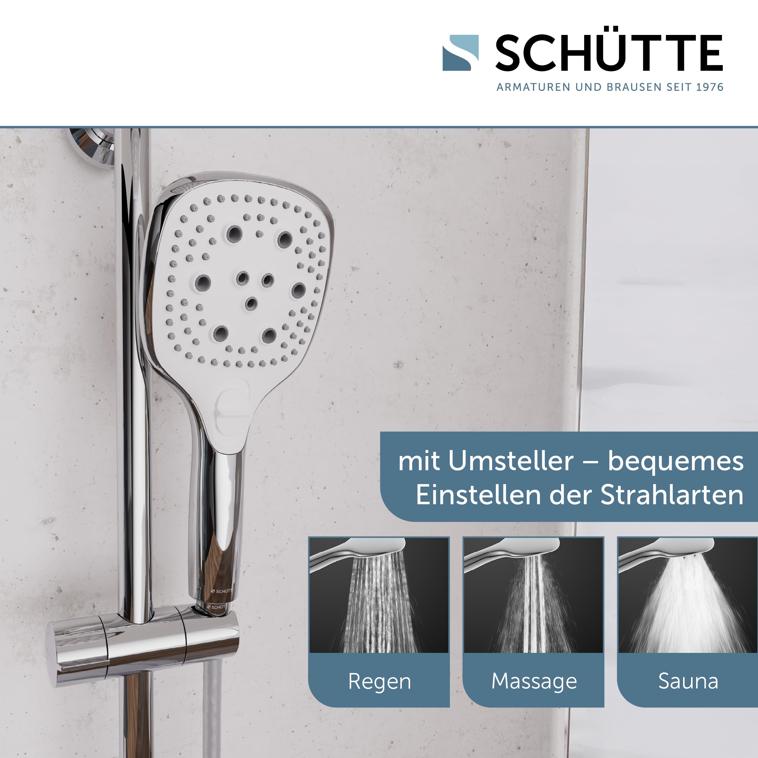 Schütte Duschset MADEIRA Duschsäule mit großer verstellbarer Regendusche, Handbrause mit 3 Strahlarten, Duschsystem ohne Armatur, Chrom