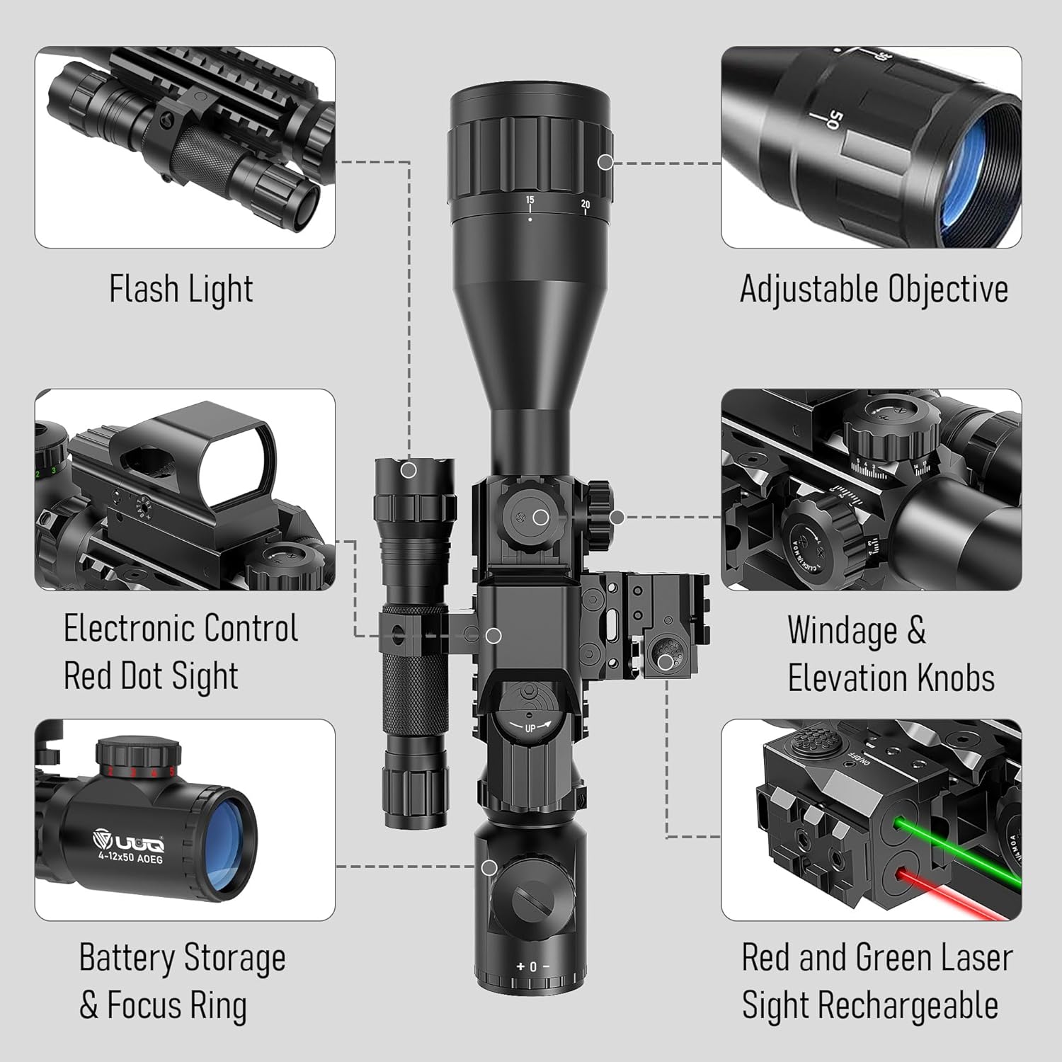 UUQ 4-12&16X50 AO Rifle Scope Red/Green Illuminated Range Finder Reticle W/Green Laser - Holographic Reflex Red Dot Sight - 5 Brightness Modes Flashlight