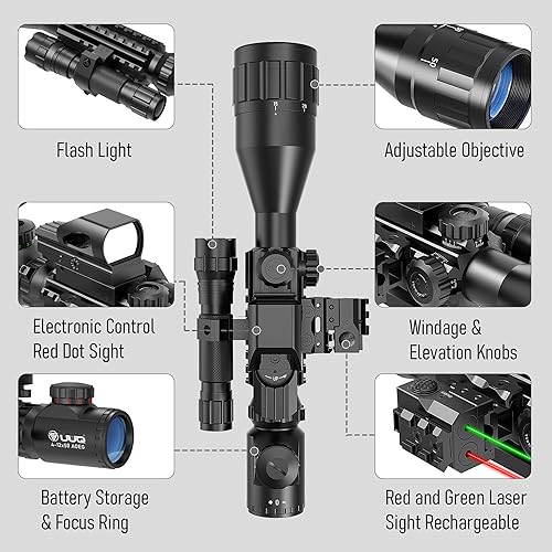 Vista 15 de UUQ 4-12 & 16X50 AO Rifle Scope Rojo/Verde Iluminado Telémetro Retícula W/Láser Verde - Vista de punto rojo reflejo holográfico - 5 modos de brillo