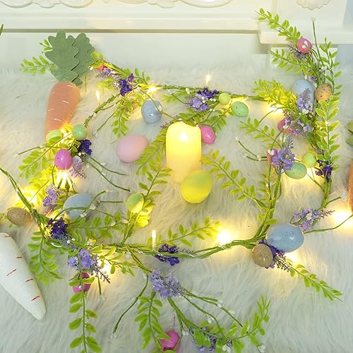 Miniatura 6 de DR.DUDU Guirnalda de Pascua iluminada de 6 pies, guirnaldas artificiales con huevo de Pascua, 20 luces LED, guirnalda floral de primavera,