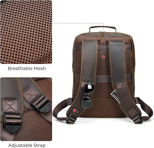 Miniatura 5 de Mochila de cuero de grano completo para hombres, mochila de viaje para laptop de 17.3 pulgadas, mochila con múltiples bolsillos con cremalleras YKK,