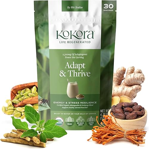 Adapt & Thrive - Polvo orgánico de raíz de Ashwagandha - Cordyceps con Rhodiola y raíz de maca - Energiza y promueve una respuesta saludable al