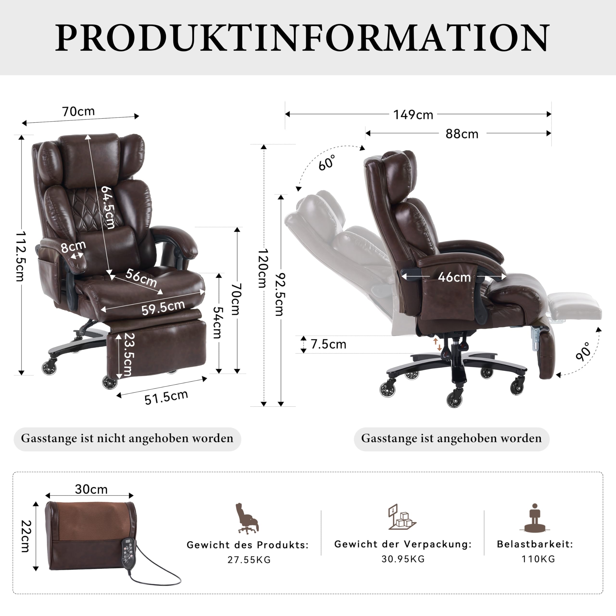 Fotel szefa z funkcją masażu i ogrzewaniem, ergonomiczny fotel biurowy ze skóry PU z podnóżkiem, obracane o 360° krzesło biurowe z regulowanym oparciem, do 150 kg, do biura domowego i biura, brązowy