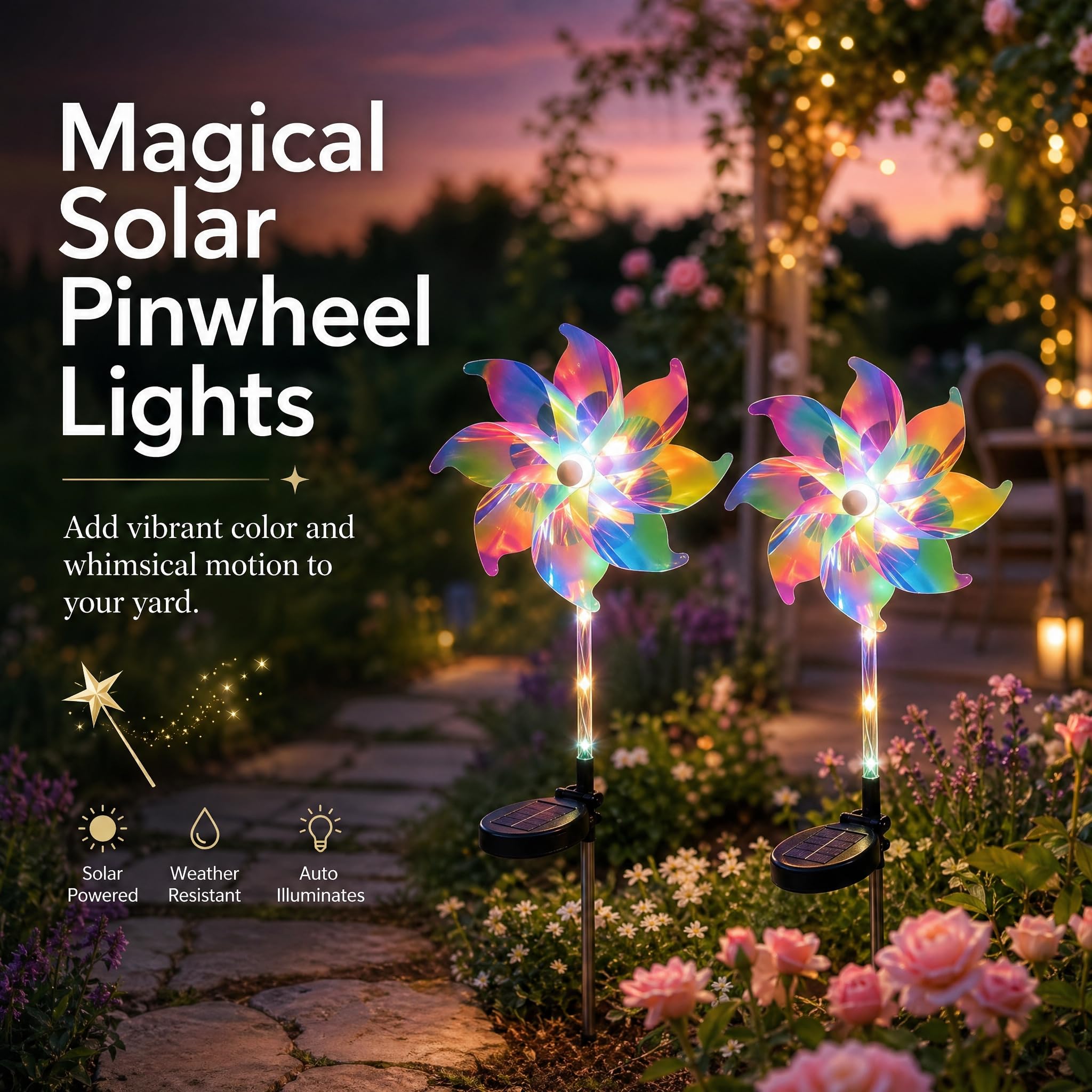 Photo 1 of 2 Pack Pinwheel Solar Garden Stake Lights, Colorful Spinning Windmills for Yard and Garden, Outdoor Solar Lights for Lawn, Walkway, Patio, Flower Beds (Multicolored)