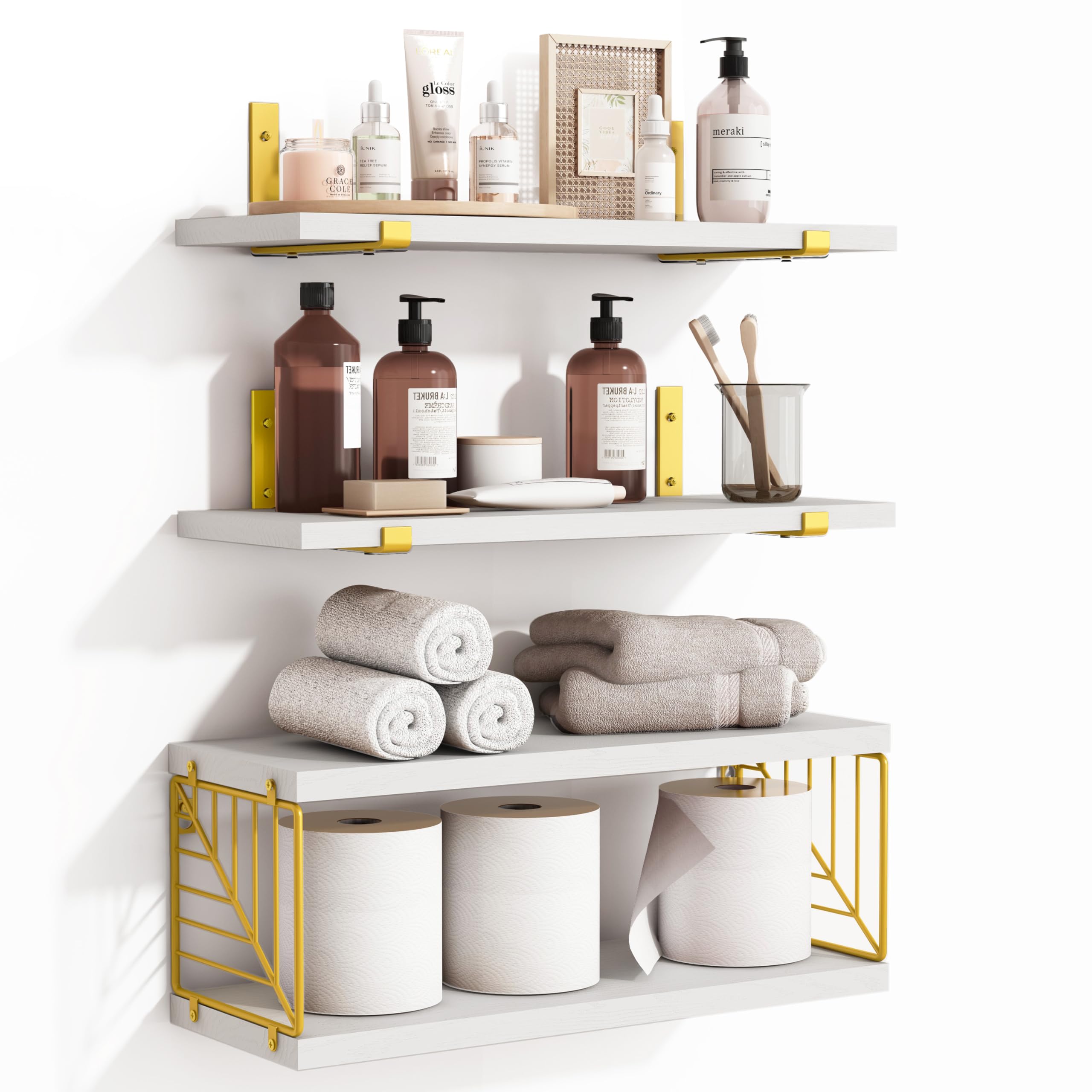 Fixwal 3+1 Tier Bathroom Floating Shelves Over Toilet, 15.8in Farmhouse Rustic Wood Shelves, Wall Decor for Bathroom, Living Room,Bedroom and Kitchen (White Gold)