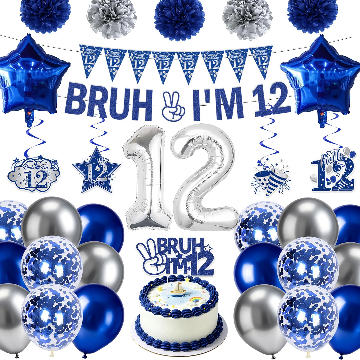 Eiapadeor 12th Birthday Decorations for Boys - 34 Pcs Blue Bruh I'M 12 Banners with Hanging Swirls Balloons Paper Pompoms Cake Toppers for Boys Happy 12 Years Old Birthday Party Decor Set