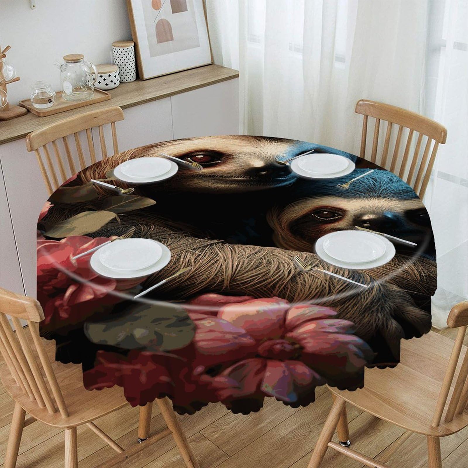 VstaDank A Sloth and A Baby Sloth Round Tablecloth 60 Inch Easy to Clean Circle Table Cover Thick Decorative Round Polyester Table Cloth for Dining Kitchen Party Farmhouse Outdoor