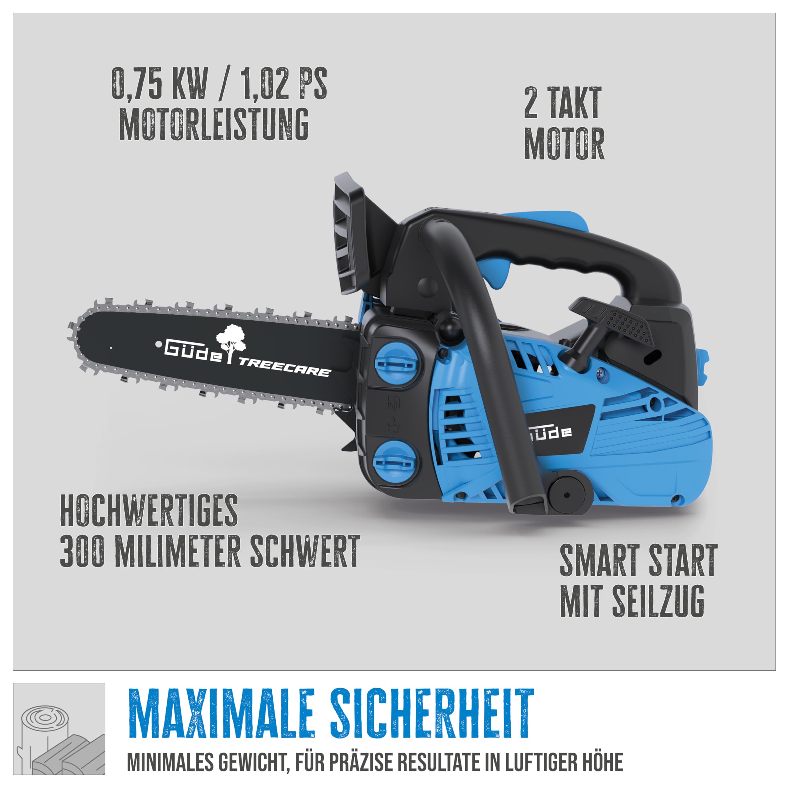 Güde BBS 300-25 Benzin-Baumpflegesäge – 25,4 cm³ Hubraum, 30,5 cm Schnittlänge, 0,75 kW Leistung, 23 m/s Kettengeschwindigkeit, mit Primer, Choke und Schnittgarnitur, für Garten und Baumpflege