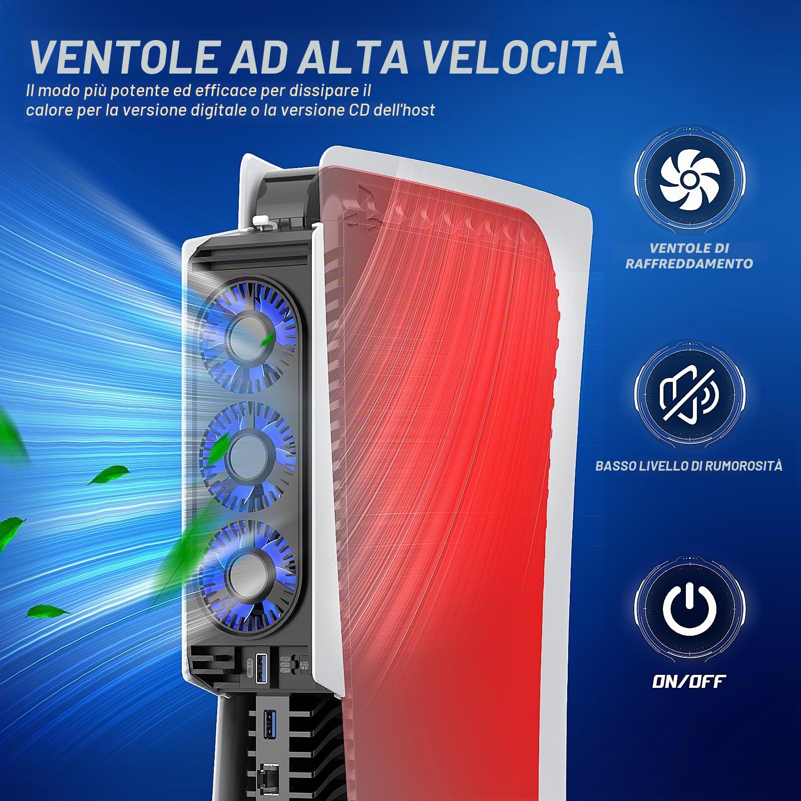 Ventola di Raffreddamento per PS5, Ventola per PS5 con Luce LED HUIJUTCHEN Silenziosa Ventola di Raffreddamento con 3 ventole e controller porta USB velocità Regolabile delle ventole (Bianco)
