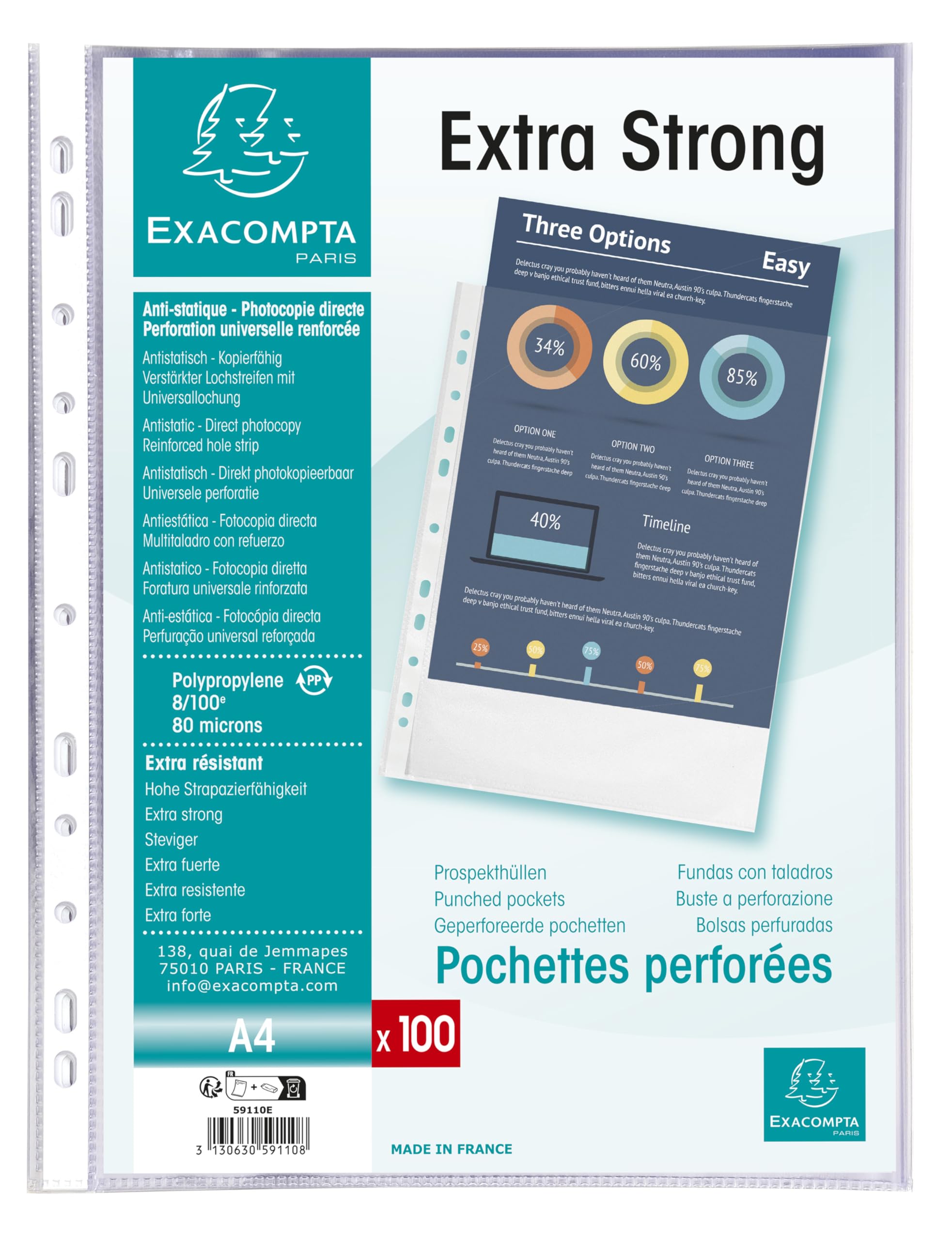 Exacompta 500 fundas perforadas Premium PP rugoso 8/100 mm incoloro
