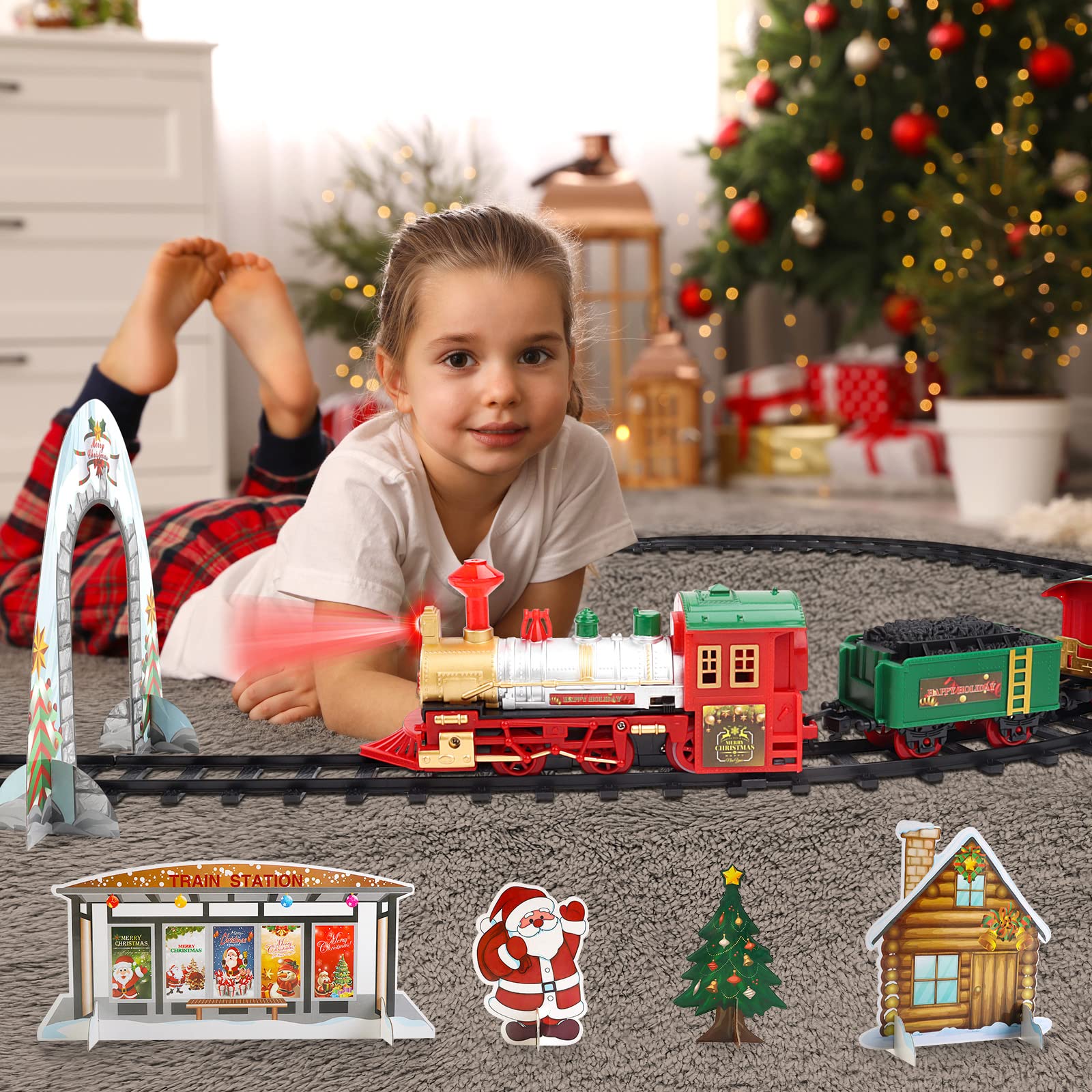 Train électrique De Noël Avec Fumée Et Sons - 4 Wagons Et Rails Ovales/circulaires - Lumières LED - Pour Décoration Sapin Ou Jeu - Boîte Cadeau Incluse