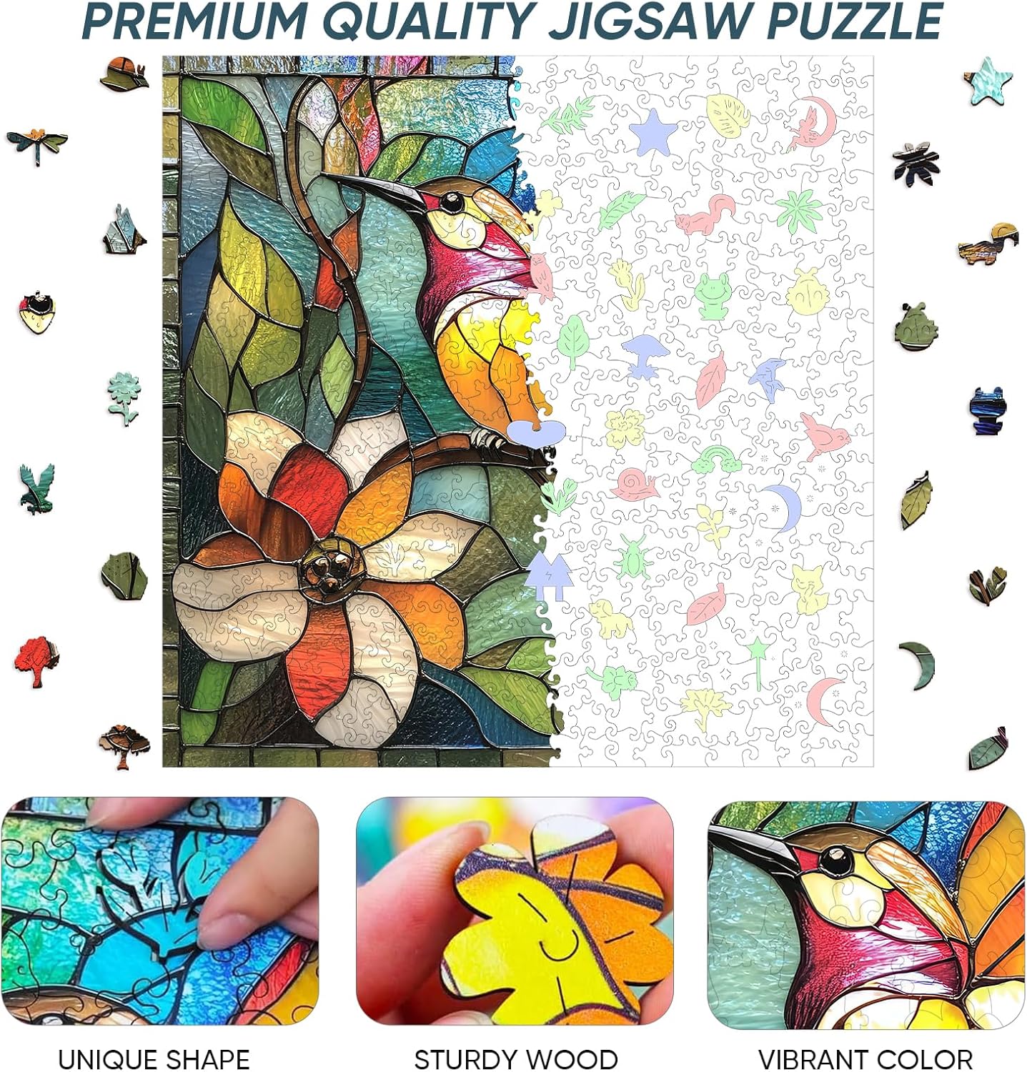 Qiuenisray Mother's Day Wooden Puzzles for Adults 500 Piece, Stained Glass Hummingbird Puzzle, FSC Certified Wall Decor Unique Animal Shape Puzzles, Creative Gift Family Friend 15.9x15.9 in