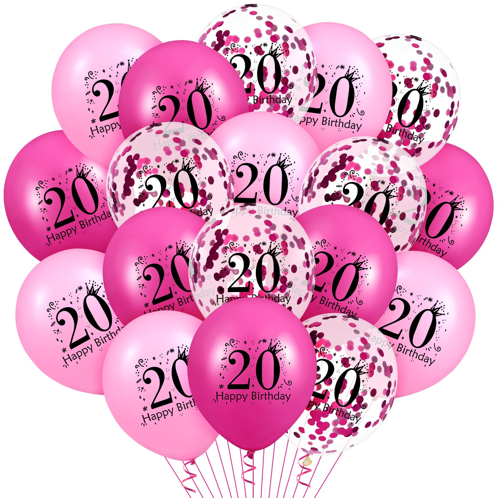 18Pcs 20th Birthday Balloons Pink Happy 20th Birthday Confetti Latex Balloons for Girls Women Hot Pink 20 Years Old Bday Anniversary Party Supplies 12 inch
