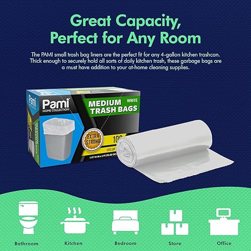 Miniatura 3 de PAMI Bolsas de basura medianas de 8 galones paquete de 100 unidades, blancas  Bolsas de basura de plástico multiusos fuertes  Bolsas de basura sin