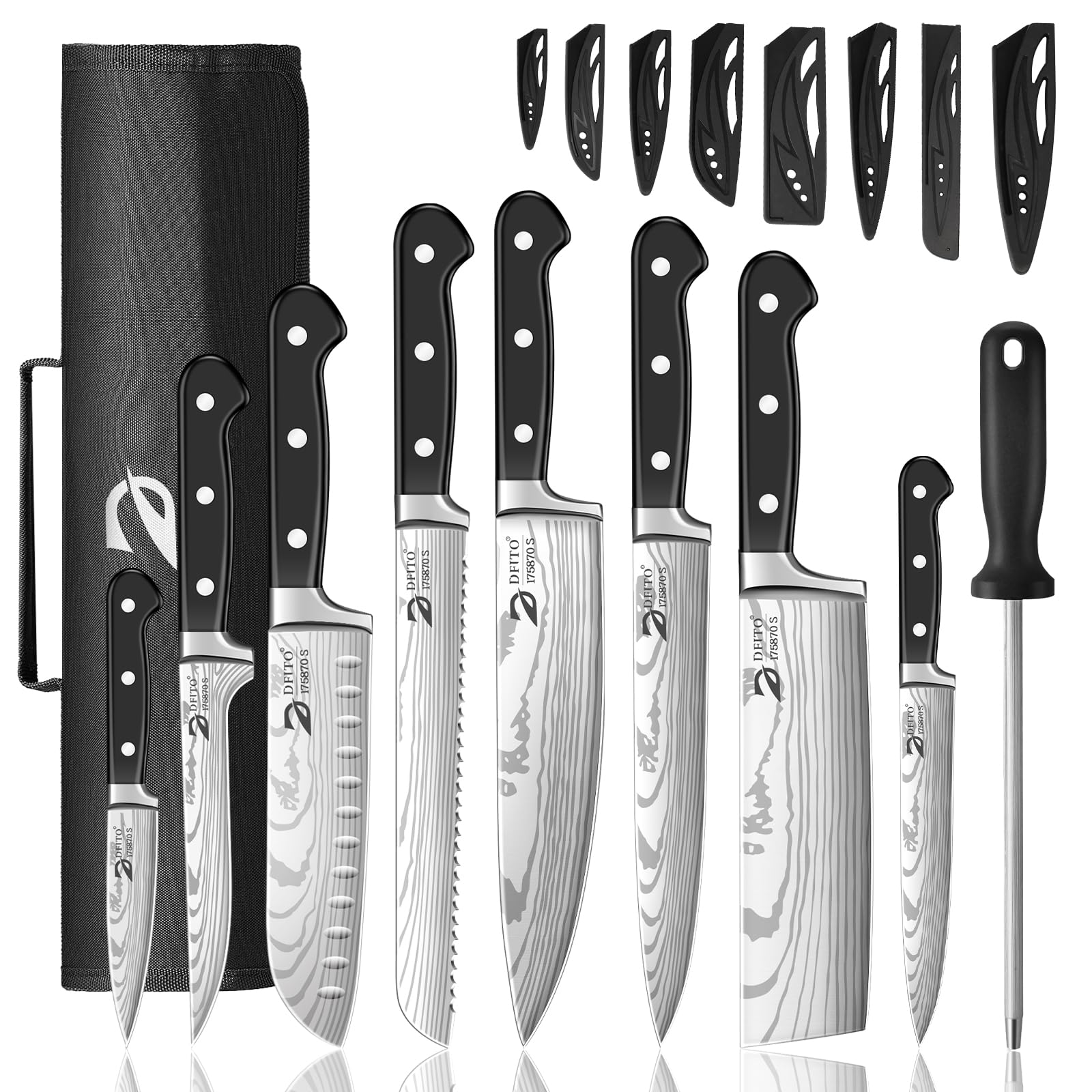 Dfito Chef Knife Set with Roll Bag, 9 Piece Professional Stainless Steel Japanese Kitchen Knife Set with Ergonomic Handle for Professional Chef, Dishwasher Safe, Camping, Travel, BBQ, RV or Gift Black