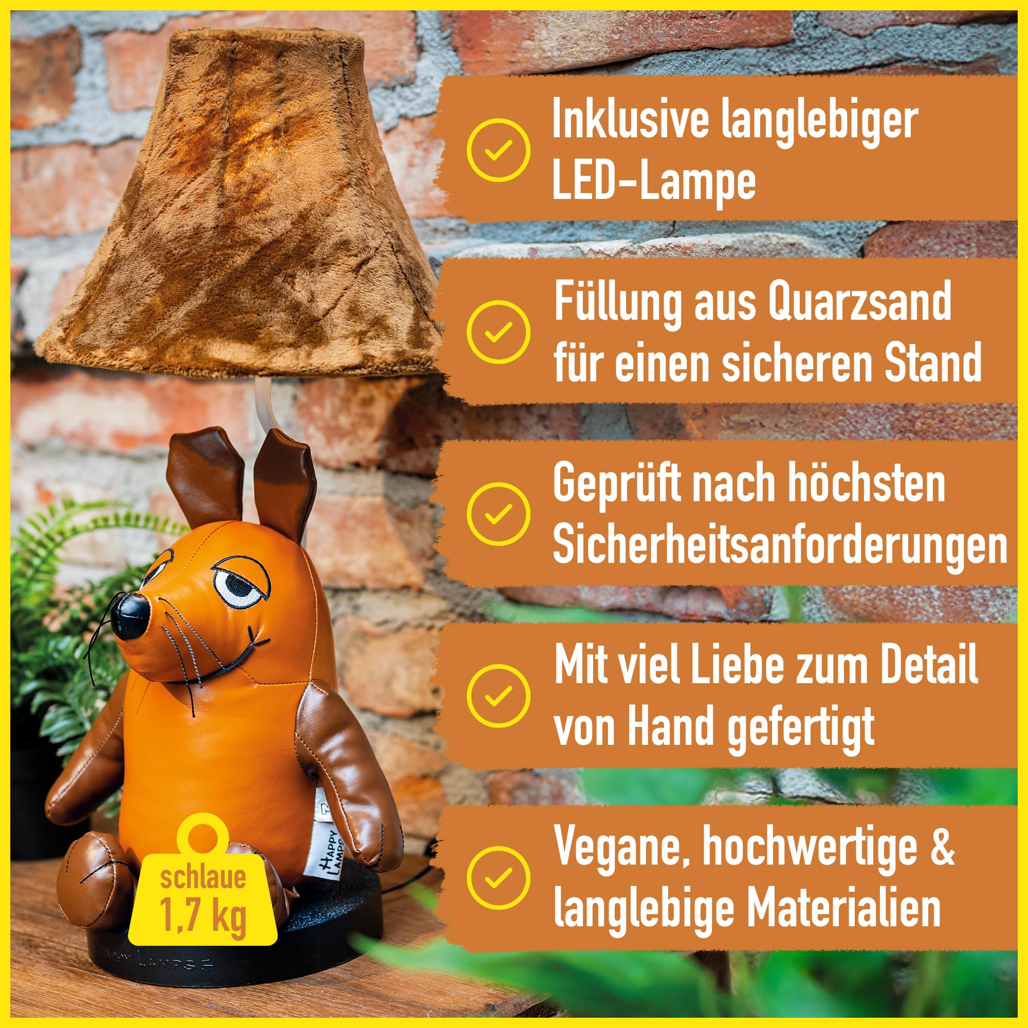 Maus LED-Tischleuchte 57 cm Leder Kinderzimmer Geschenk Handarbeit Lampe