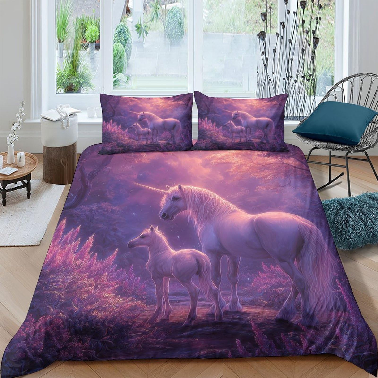 P5V6M1Q9 3D Printed Magical Unicorn Duvet Cover Set Microfiber Soft Purple Fantasy Bedding with 2 Pillowcases for Bedroom Decor Single（135x200cm）