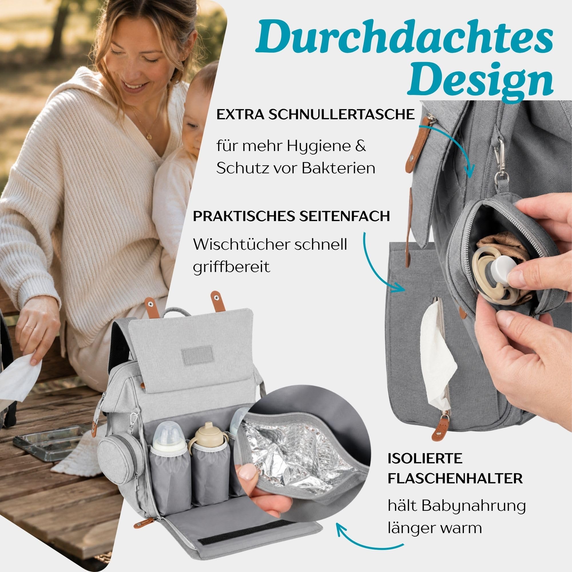 Wickelrucksack inkl. Wickelunterlage, Wickeltasche Groß mit Viel Stauraum, Baby Rucksack für Unterwegs, Navy