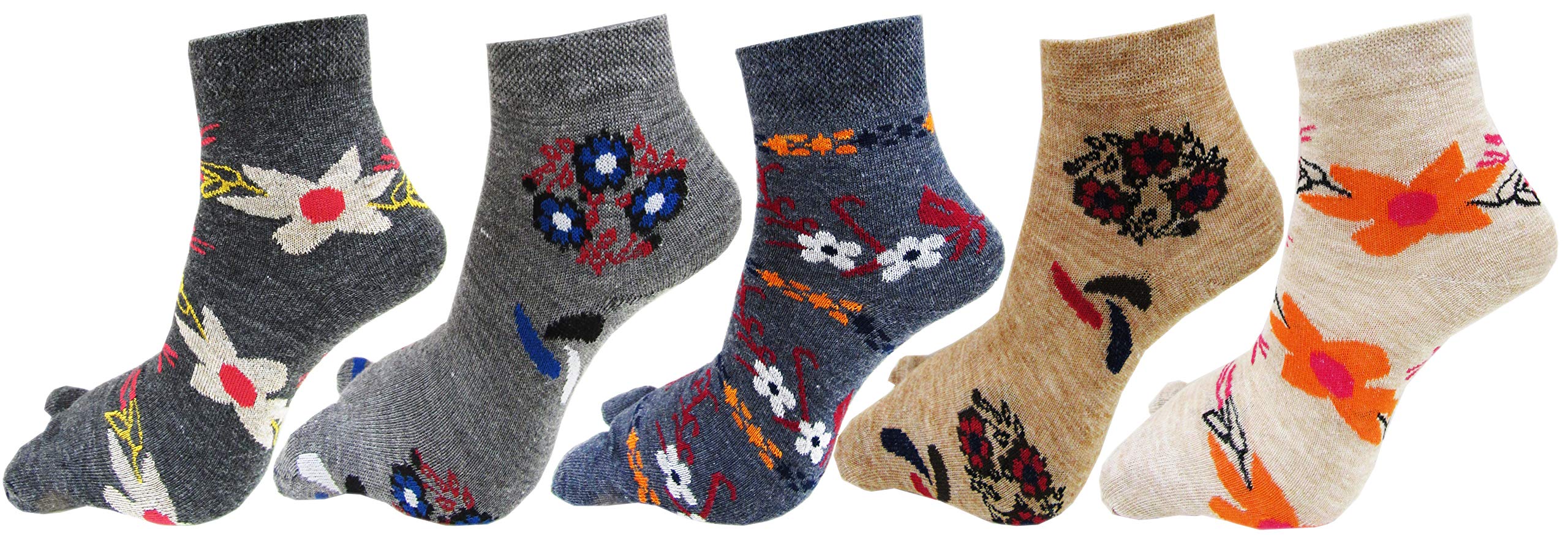 Women Ankle Length Floral Print Thumb Woolen Socks(Pack of 5 Pairs)(Multicolored_Free size)-image-2