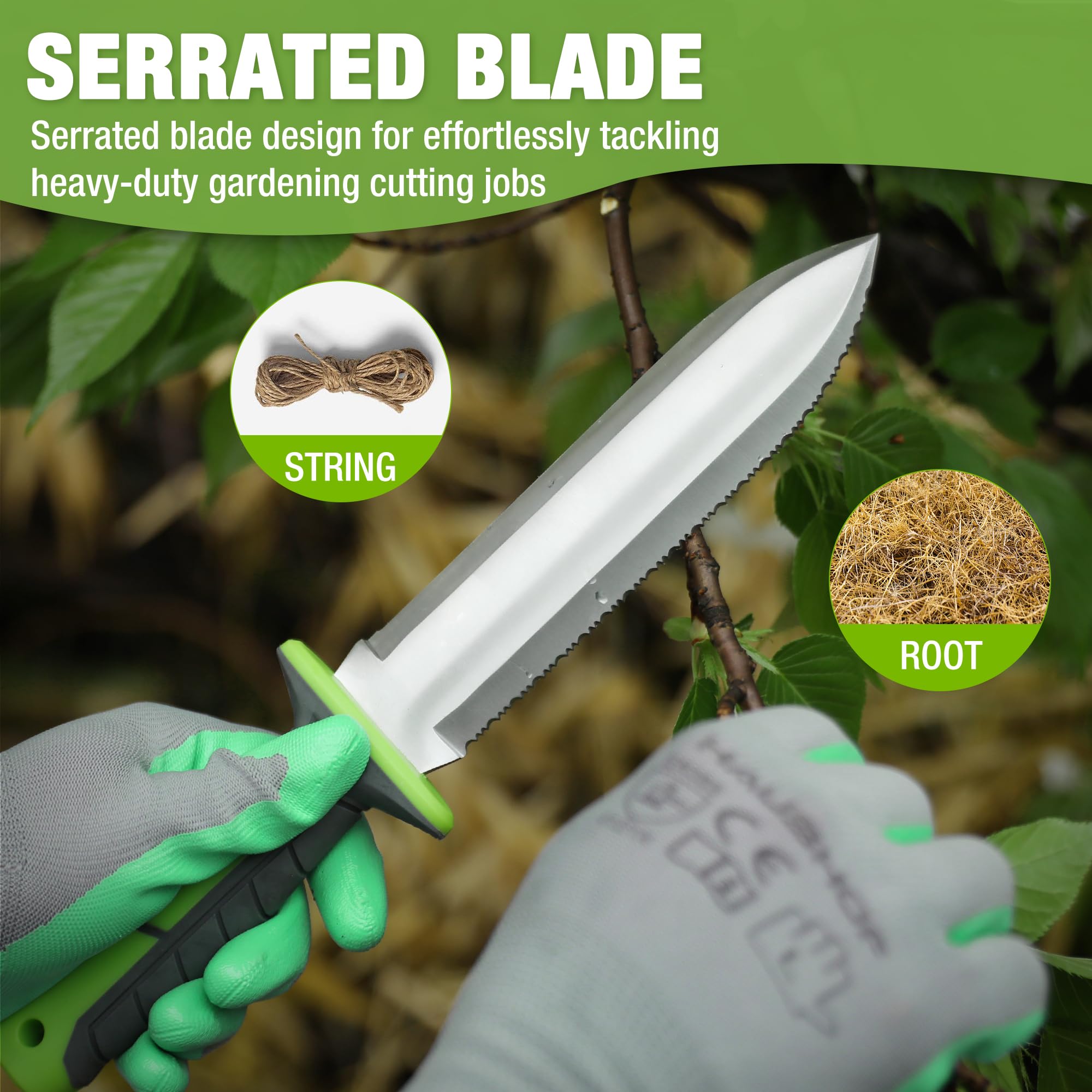 WORKPRO Hori Hori Garden Knife, 7" Stainless Steel Blade with Cutting Edge, Garden Tools with Oxford Sheath, Ergonomic TRP Handle with Hanging Hole for Weeding, Planting, Digging, Green