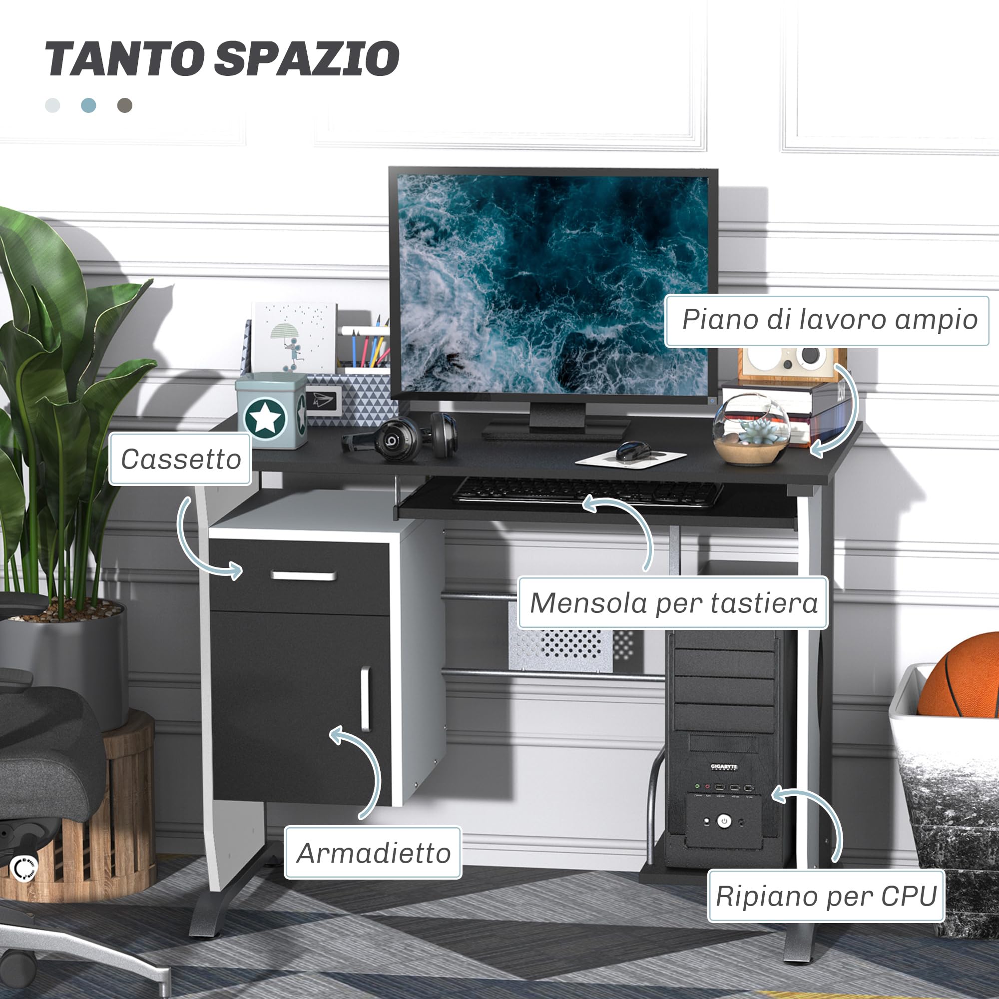 Vinsetto Scrivania per Computer MDF e Metallo 100x52x75 cm Bianco e Nero | Scrivania PC, Ripiano per Tastiera, Armadietto, Cassetto