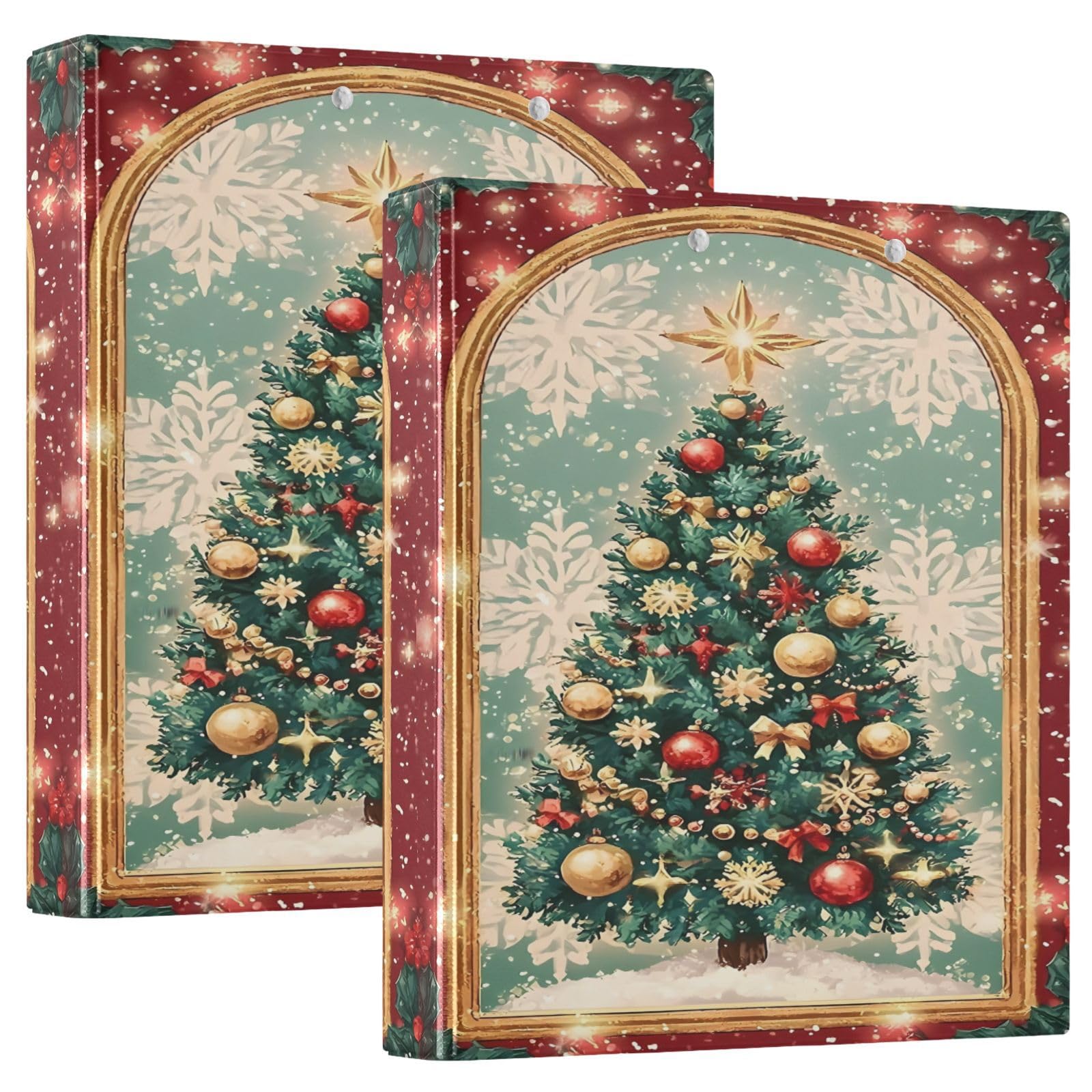 Festive Christmas Tree Snowflakes 3 Ring Binder with 2 Interior Pockets 1.5 inch Binders 3 Ring Heavy Duty Fit 8.5" x 11" Letter Size for Office School, 2 Pack