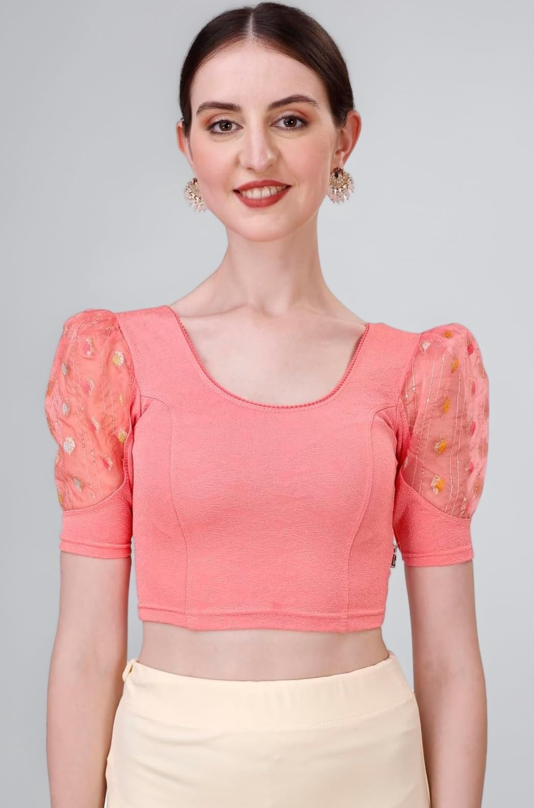 Round Neck Lycra Stretchable Puffed Elbow Sleeve Readymade Saree Blouse