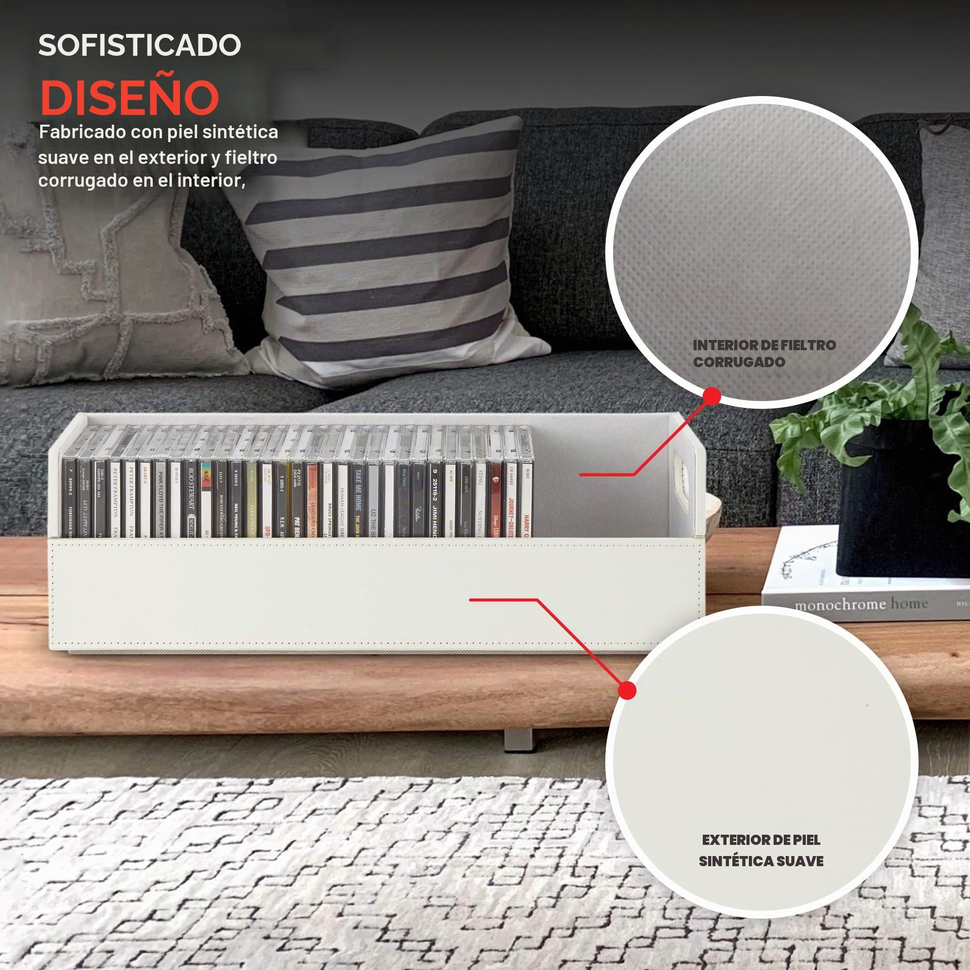 Stock Your Home - Caja de almacenamiento, organizador y soporte de muestra de CDs, DVDs o casetes, capacidad de hasta 40 CDs, piel sintética (blanco)