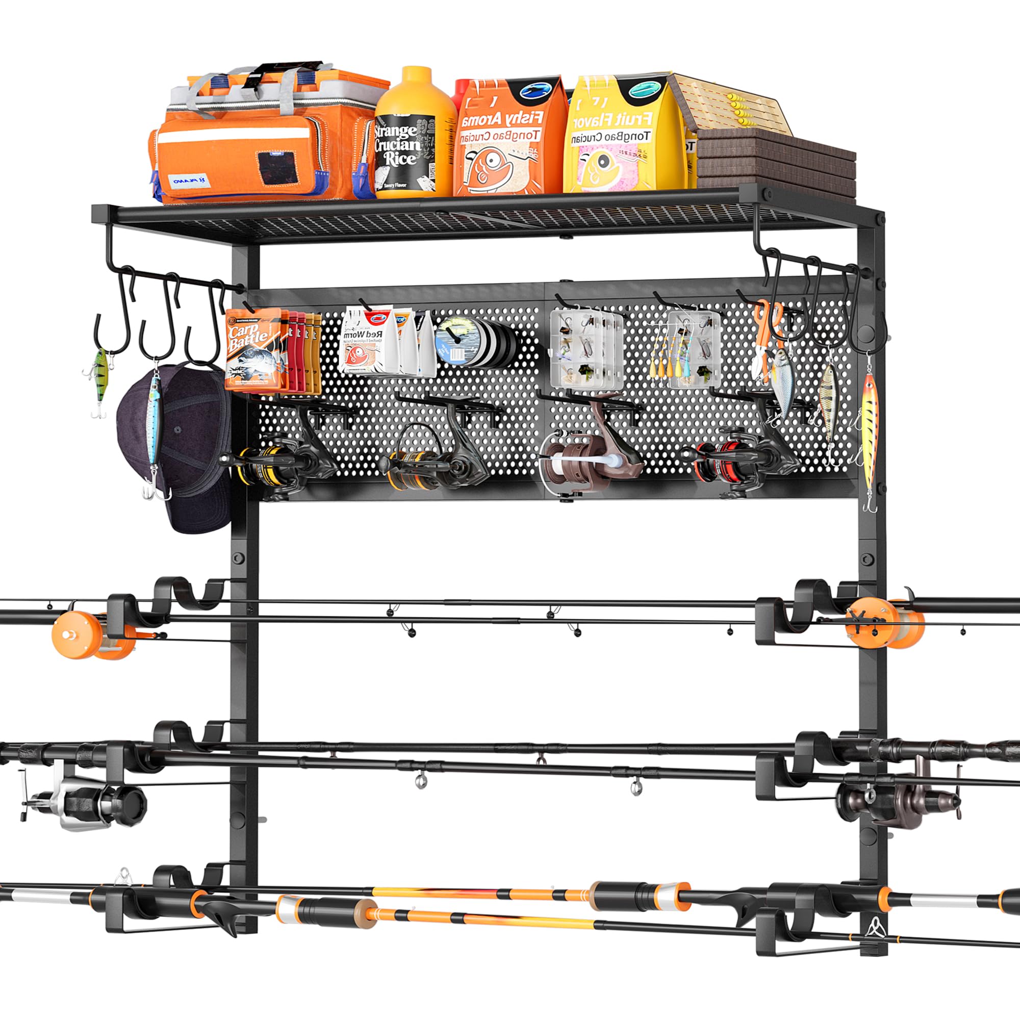 Bikoney Portacanne da Pesca Parete per Garage, Supporto Orizzontale per 6 Canne con Pannello Forato e Ganci, Rastrelliera Porta Canne Salvaspazio, Regalo per Pescatori Uomo Papà