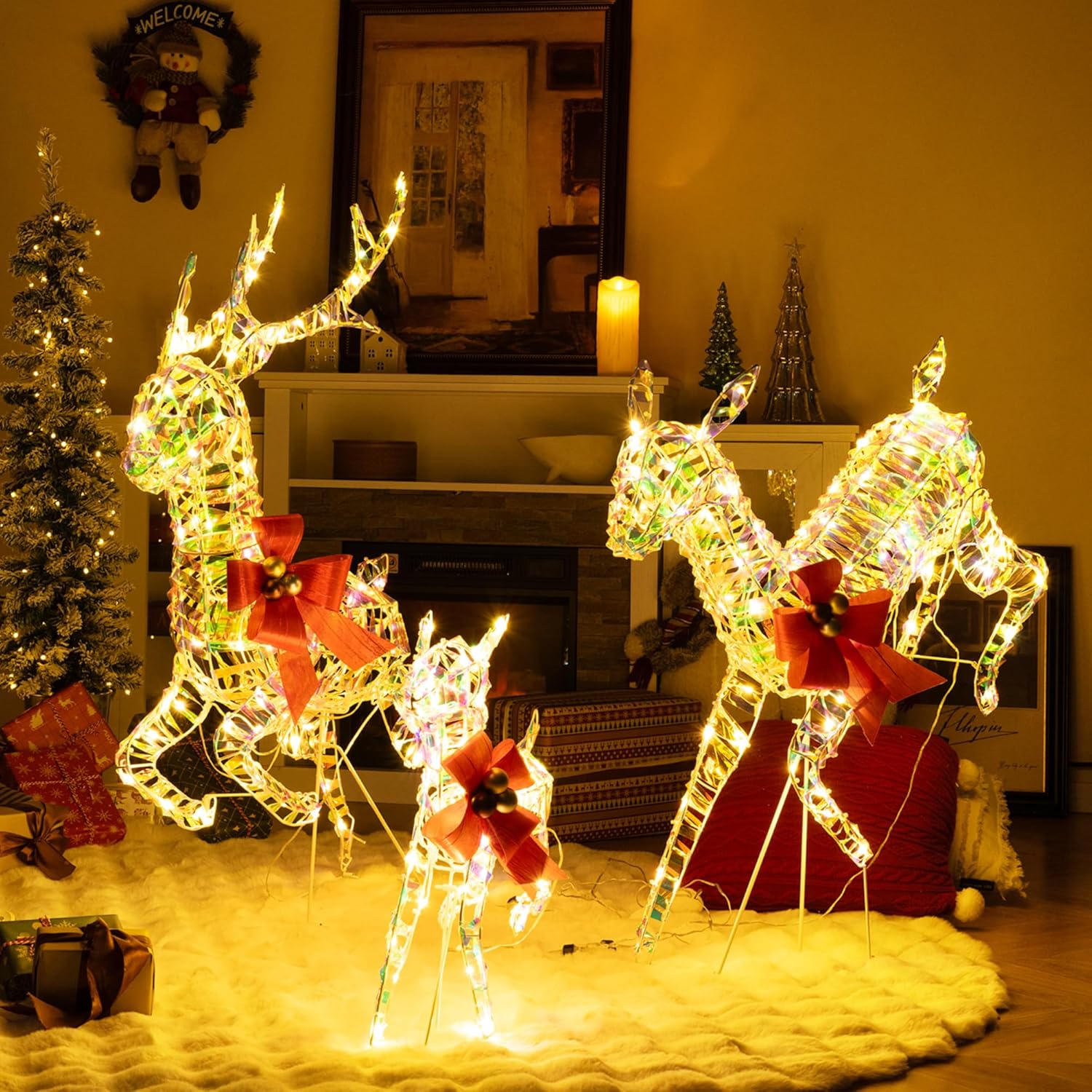 Tangkula 3-Piece Outdoor Christmas Lighted Reindeer Family Set, Light up Xmas Deer Decorations with LED Lights & Fawn, 3D Pre-Lit Holiday Deer Set with Ground Stakes for Indoor & Outside Yard