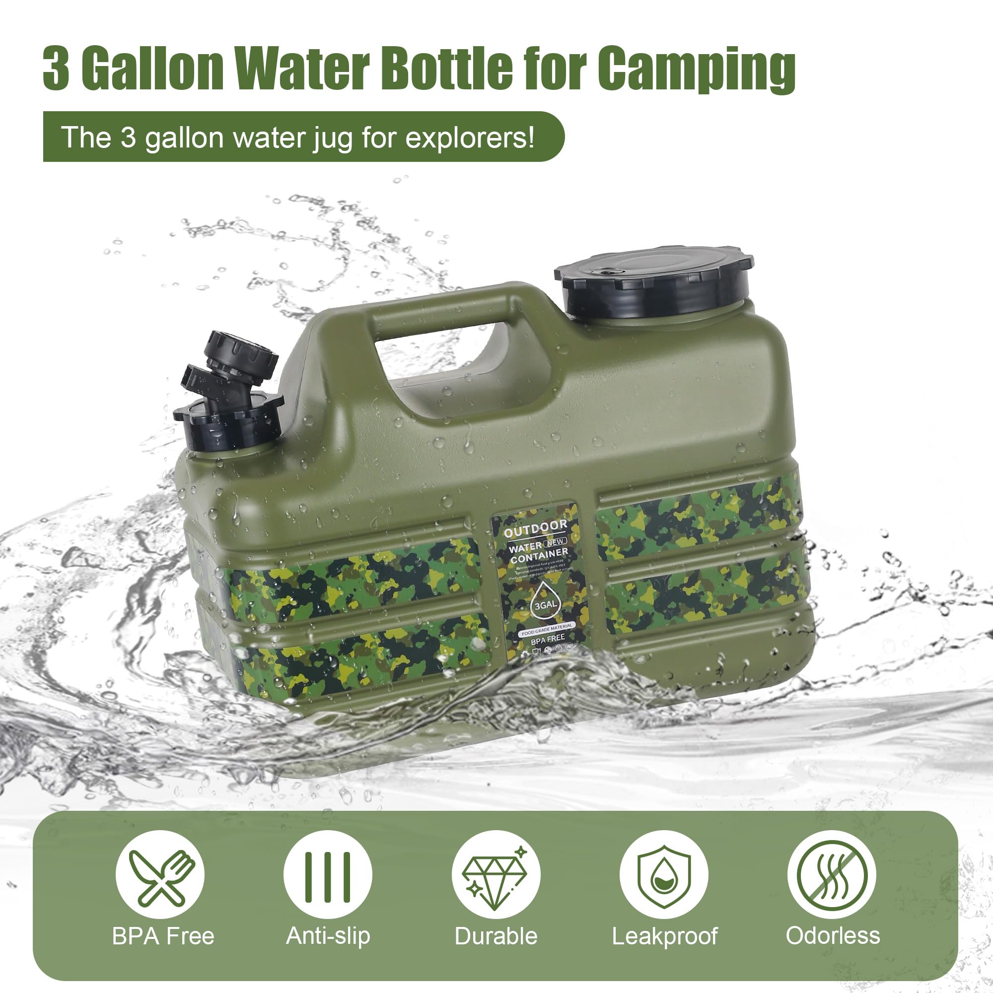 ASIEIT 3 Gallon Water Jug with Spigot, Portable Water Tank BPA Free, Leak-Proof Water Containers for Camping Water Storage Containers for Emergency Outdoor Hiking Picnic, Green