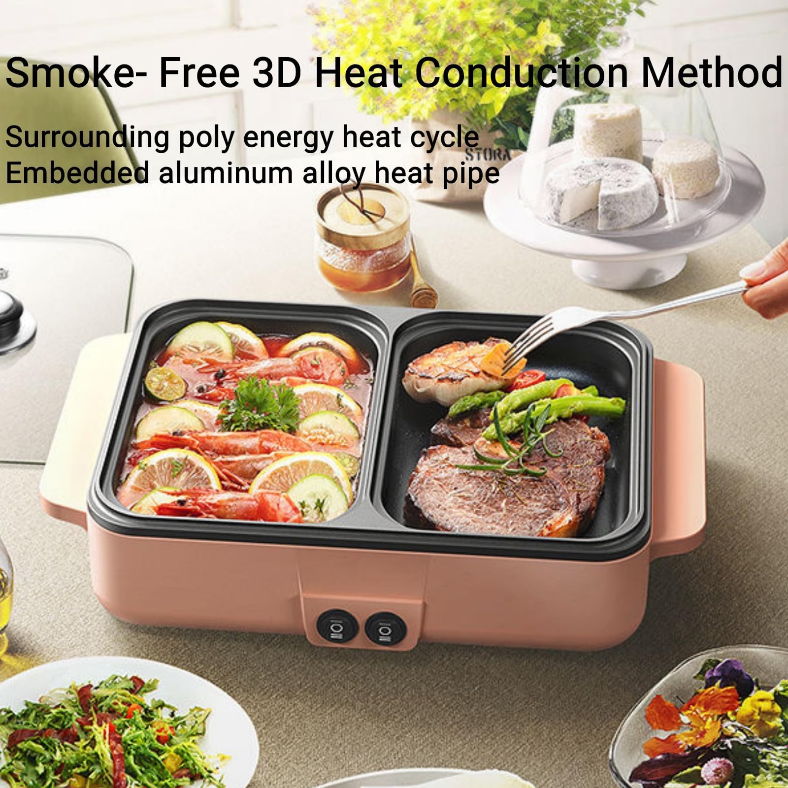 Topyond 1200W Hotpot Y Parrilla Eléctrica, Barbacoa Eléctrica 2 En 1, Mini Sarten Electrica, Hot Pot Para 2 Personas, 220V Barbacoa Electrica Sin Humo para Dormitorio/Camping/Hogar