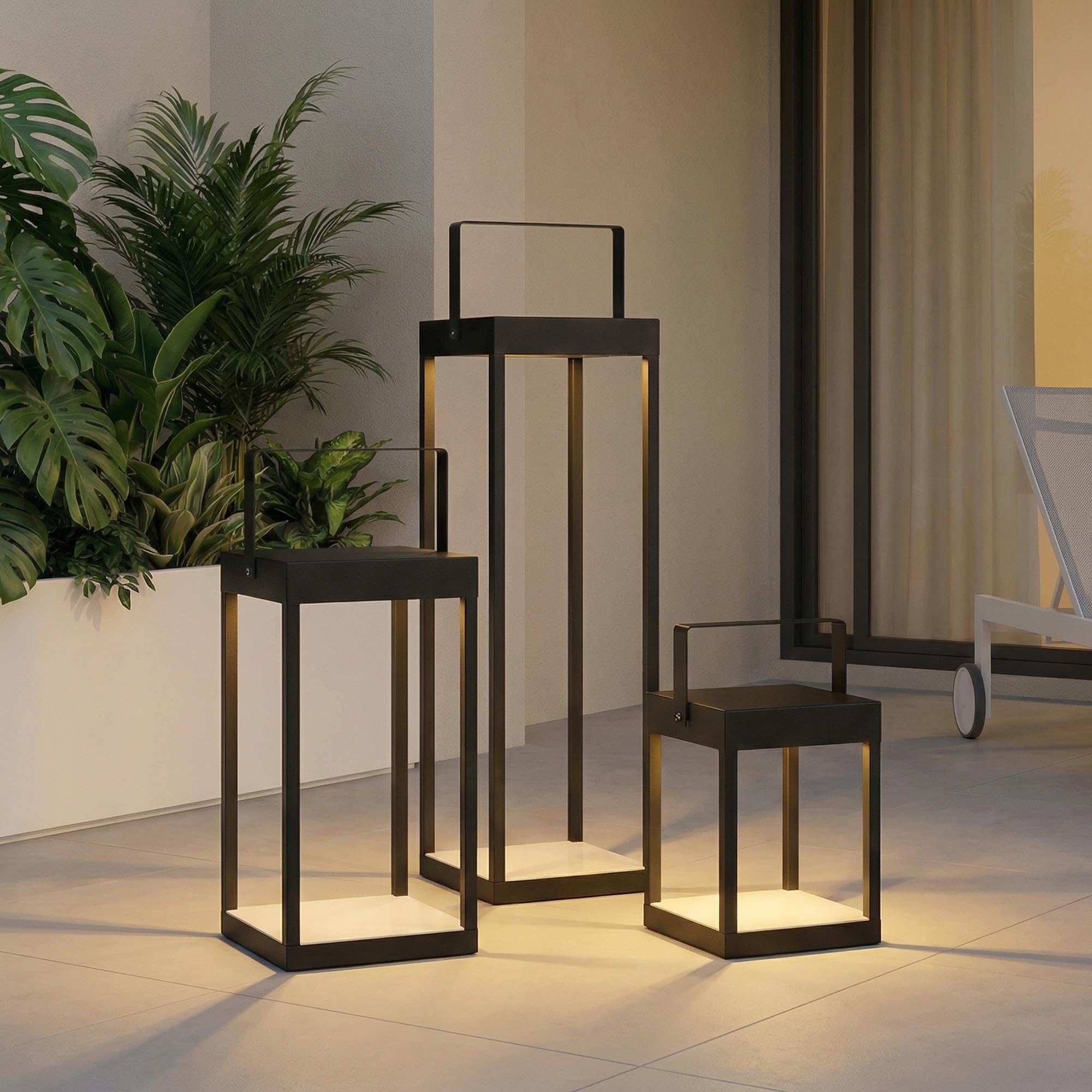 Modern Metal Lanterns Lights Battery Powered Floor Lamp,, Indoor/Outdoor, 3000K with 6H Timer, for event rental