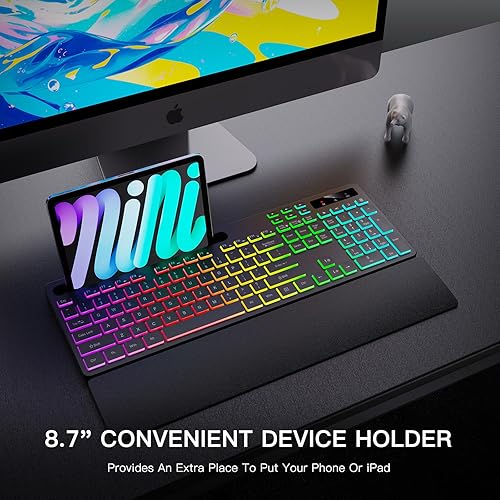 Miniatura 2 de Teclado inalámbrico con 7 colores y 4 modos de retroiluminación RGB, teclado ergonómico con reposamuñecas, soporte para tableta de teléfono, teclado