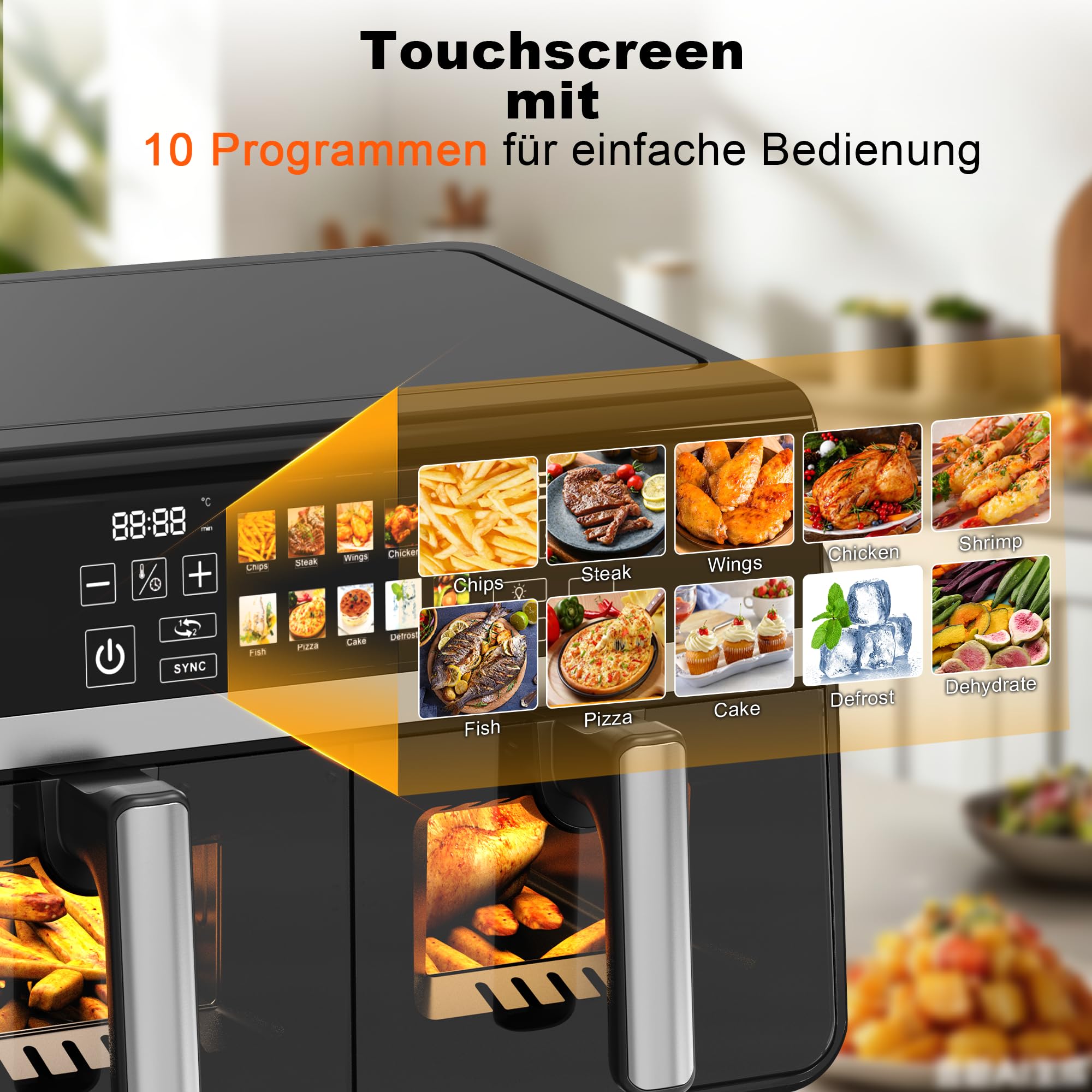 Citybee Heißluftfritteuse 2 Kammern XXL 10L (5L+5L) mit Sichtfenster, Dual Zone Airfryer Doppelkammer, 2 Garzonen, SYNC & DUAL, 2200W Touchscreen, Timer bis 24h, spülmaschinengeeignet