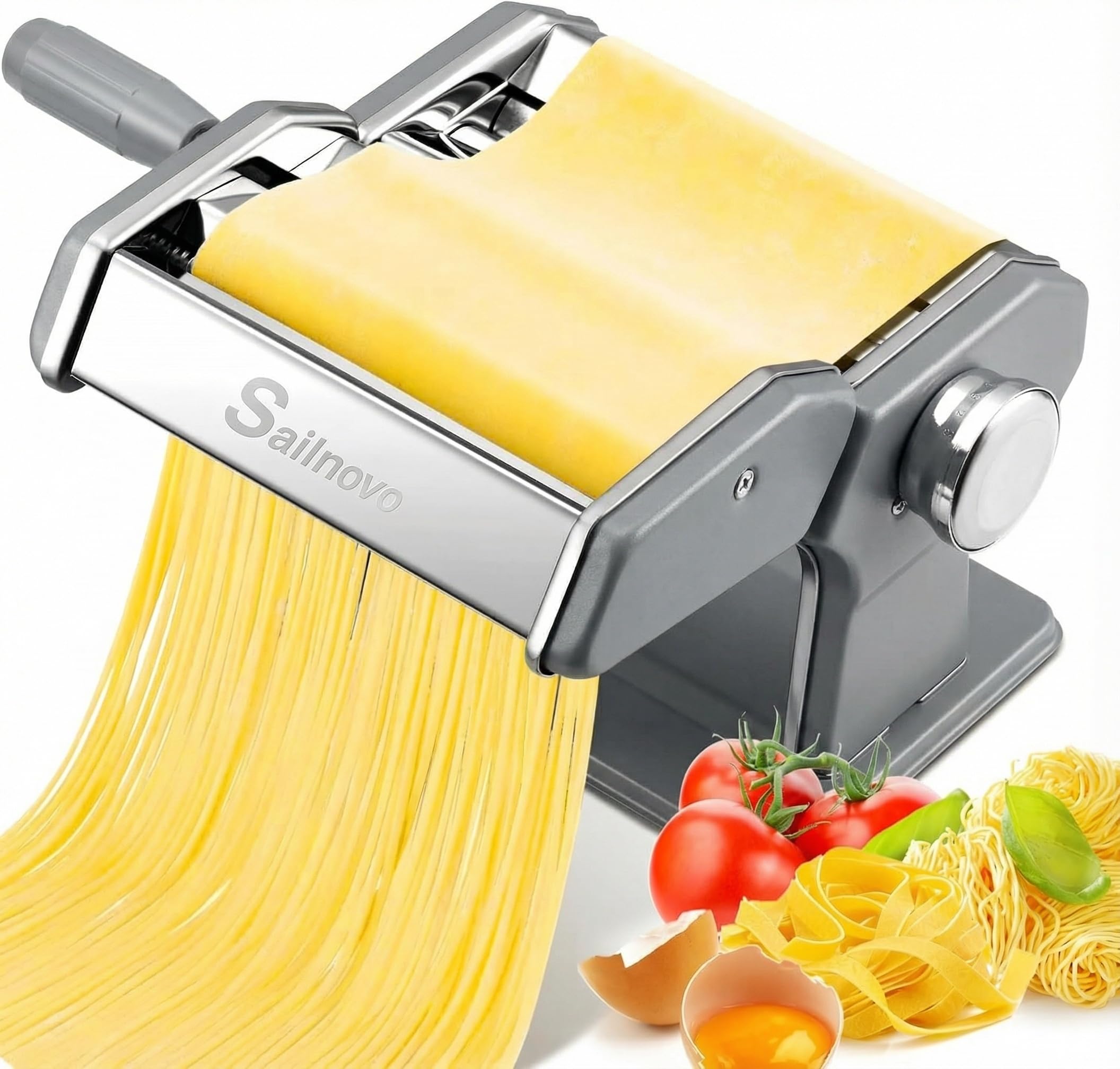 Sailnovo Machine à Pâtes Fraîches Multifonction - Laminoir à Pâte Inox 9 Épaisseurs Réglables, 2 Largeurs, Rouleaux & Cutter pour Spaghetti, Tagliatelle, Lasagnes,Argenté