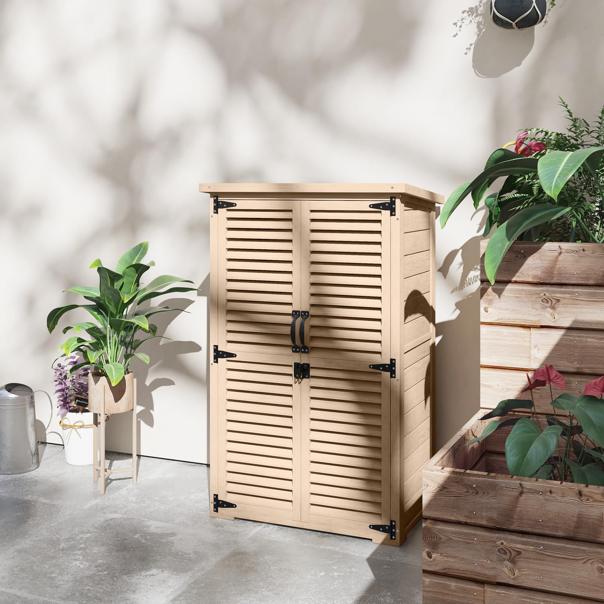 Outsunny Gartenschrank, Schuppen für Werkzeuge aus Holz, 2 Regale, Dach, Bitumendach, abschließbar, 75 x 50 x 118 cm, Natur