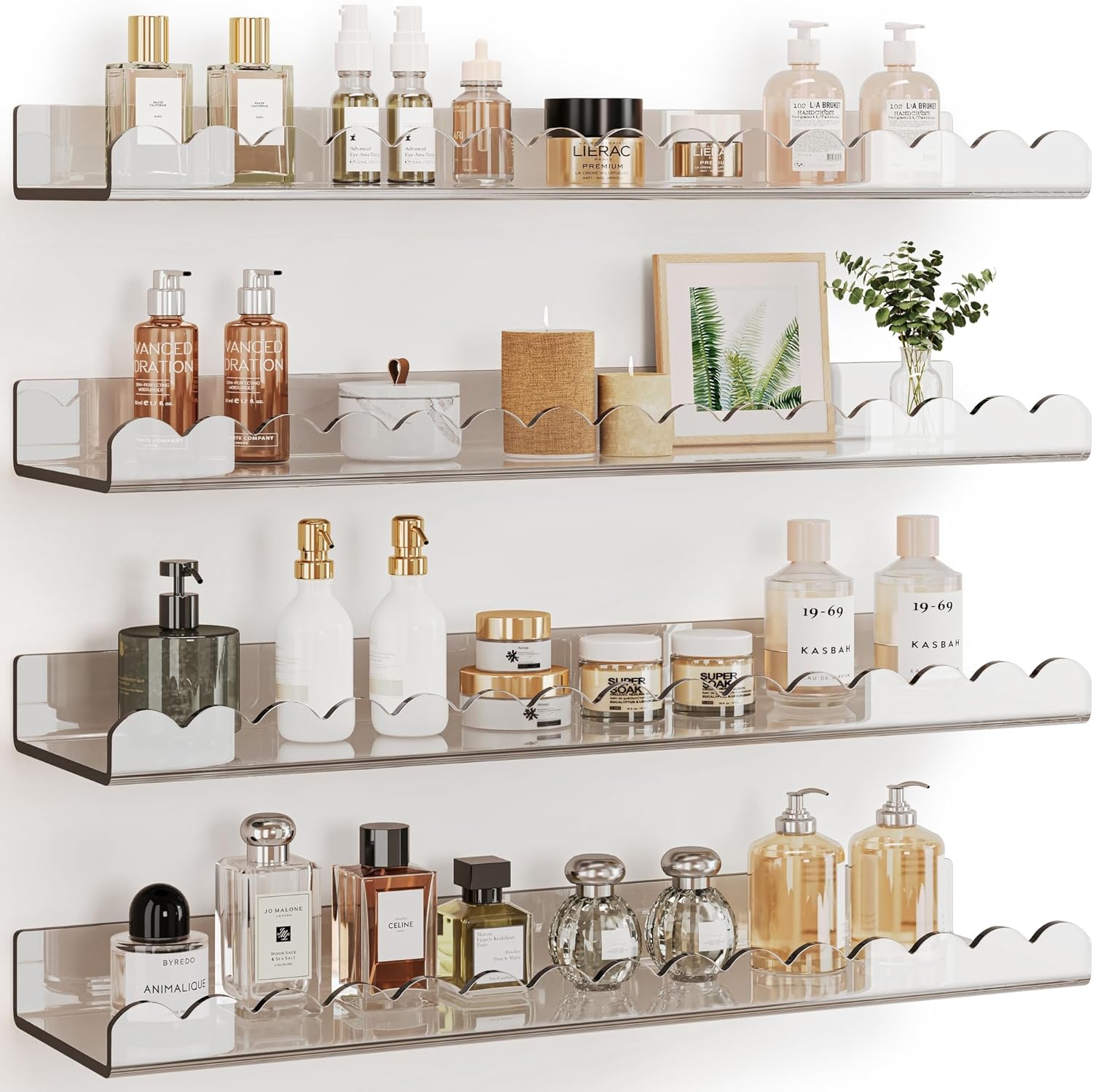 G&W Gruwald Acrylic Shelves for Wall, Acrylic Bathroom Shelves, Scalloped Floating Shelves for Bedroom, Nursery, Living Room (Clear, 23 Inches, 4)