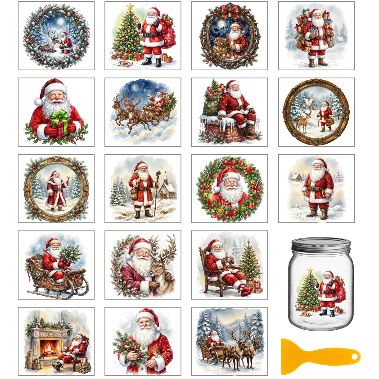GLOBLELAND 18 Sheets Christmas Santa Claus Rub on Transfer 3.9x3.6 inch Christmas Tree Transfer Stickers Reindeer Decal Stickers for Furniture Vase Glass Art Crafts Decorations