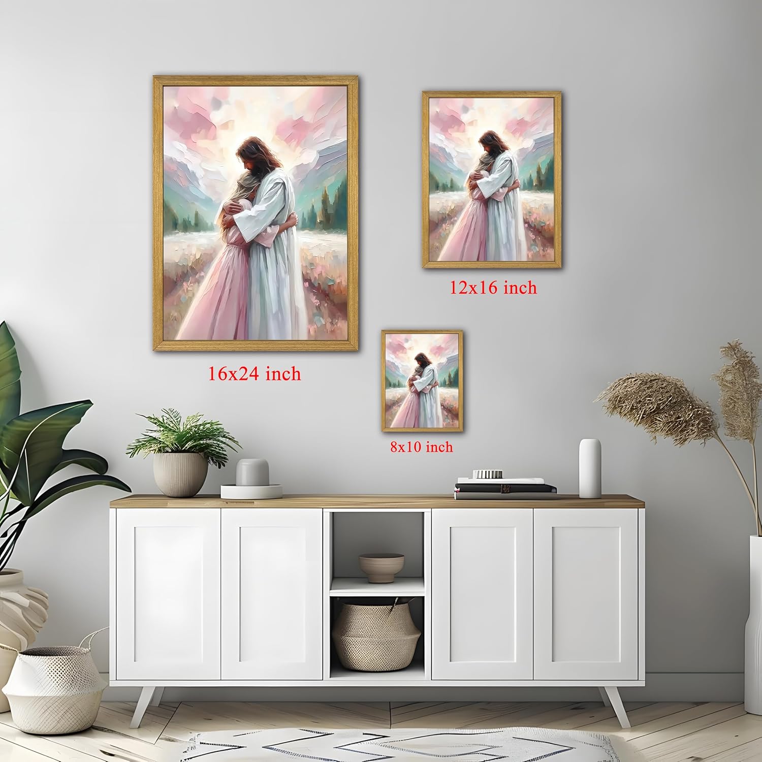Pink Jesus Wall Art, Christian Canvas Wall Decor Paintings, Jesus Healing Embracing Woman Posters Print Artwork, Pink Room Decor for Living Prayer Church Bedroom 12x16 inch Framed